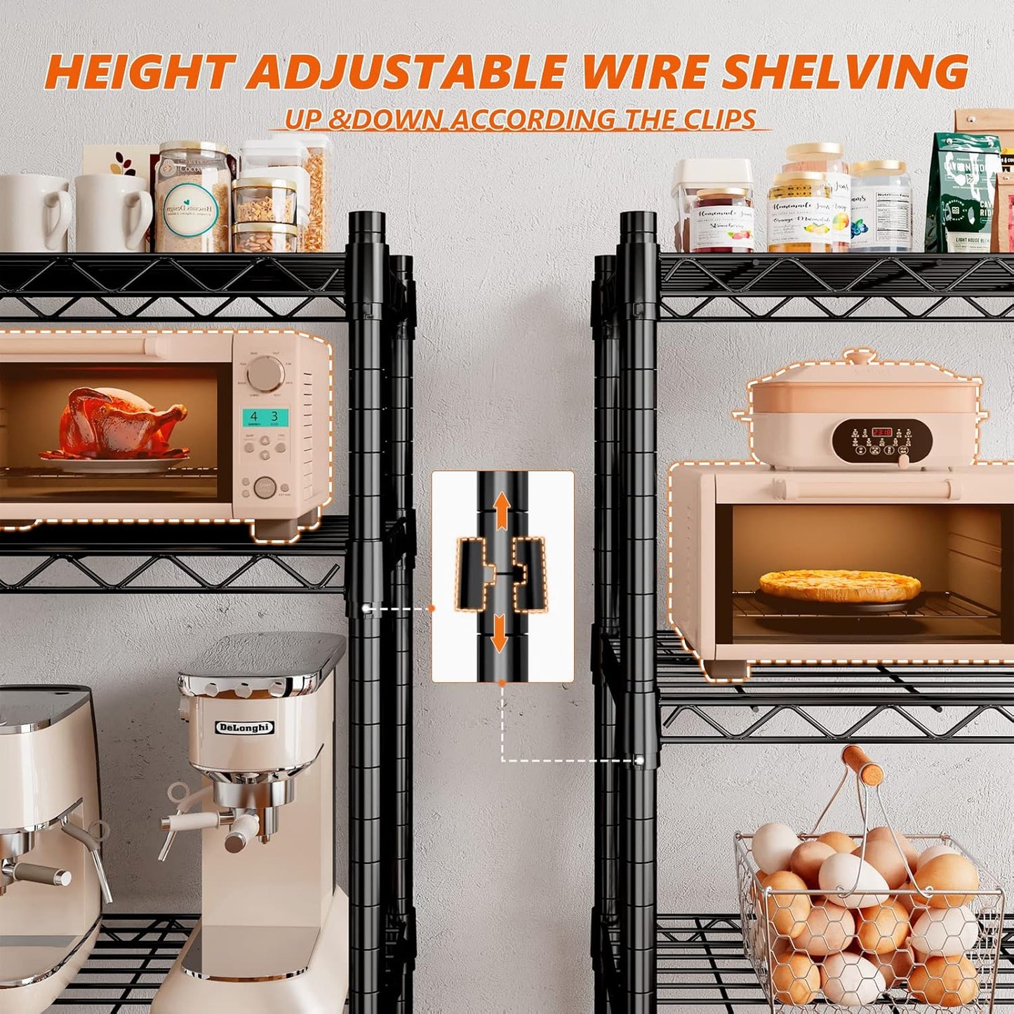REIBII 73''H Storage Shelves 1660LBS Wire Shelving Unit with Wheels 5 Tier Metal Shelving,Heavy Duty Metal Shelves for Storage Rack,73''HX35''WX15''D