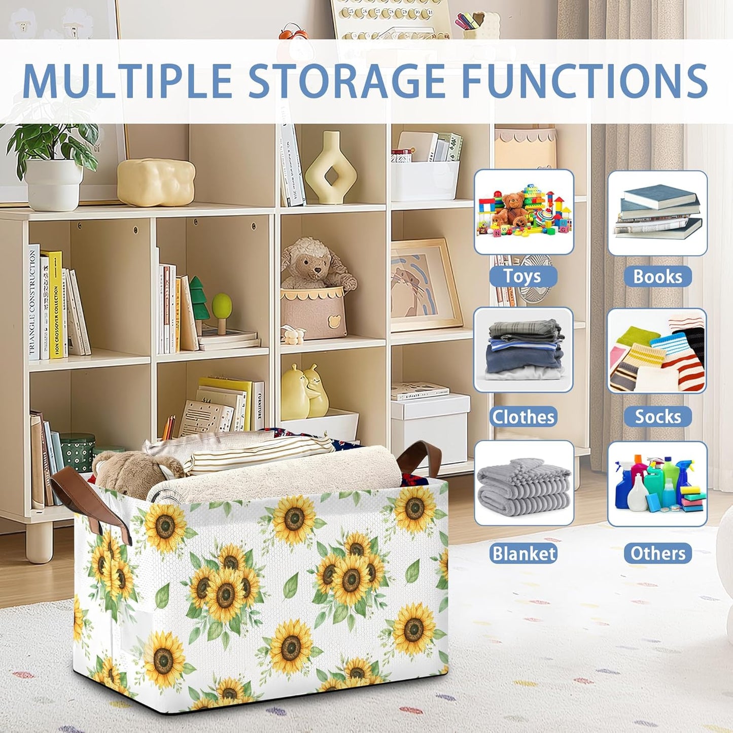 Sunflower Storage Basket with Handles,Leaf Collapsible Rectangle Organizer Bin for Room Decoration Books Box Baskets 17x11.5x10Inch