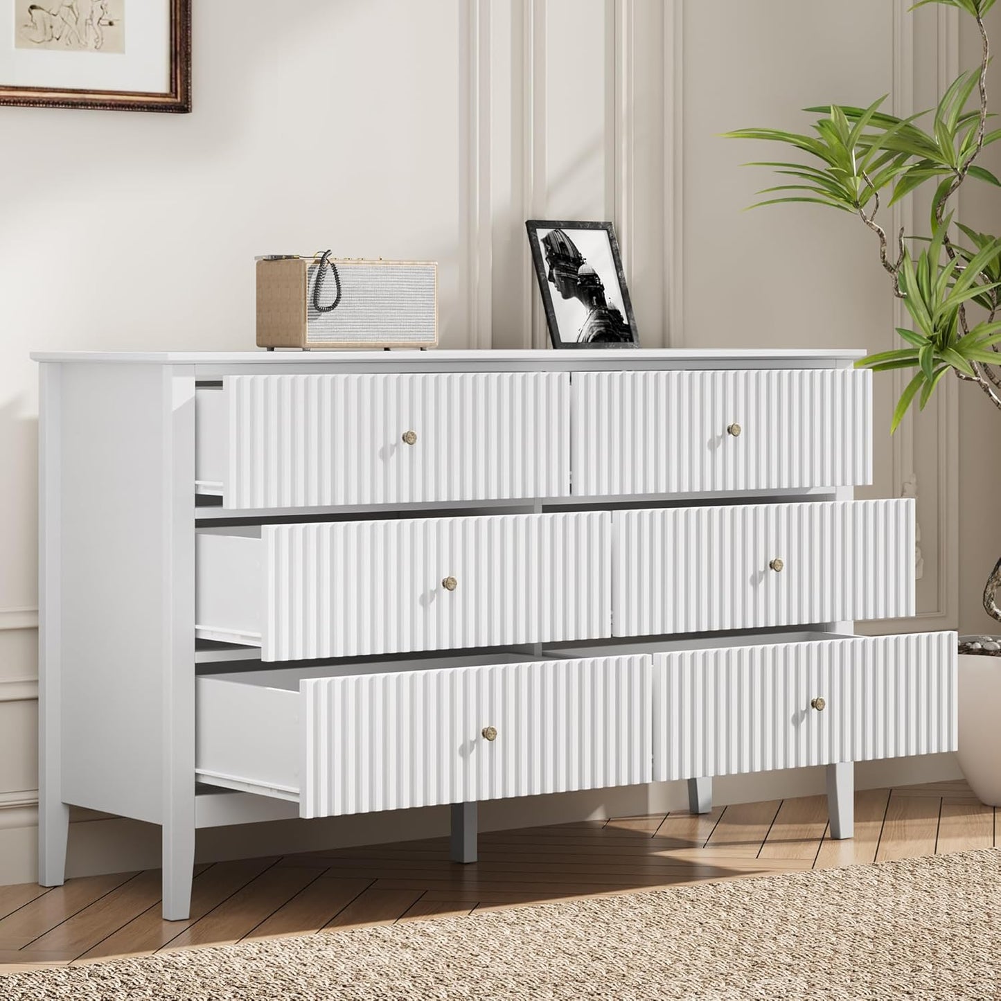 RoyalCraft White 6 Drawer Dresser for Bedroom, Fluted Painted Wood Chest of Drawers, Modern TV Stand Storage Cabinet for Living Room, Entryway, 47" W x 16" D x 32" H