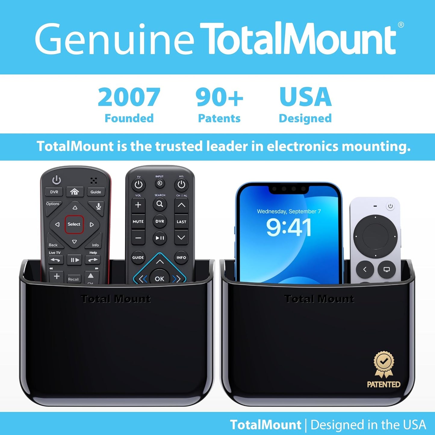 TotalMount Universal Remote Control Holder – Attaches to Wall or Back of TV – Compatible with All TV Remotes (Premium Black, Large Two Pack)