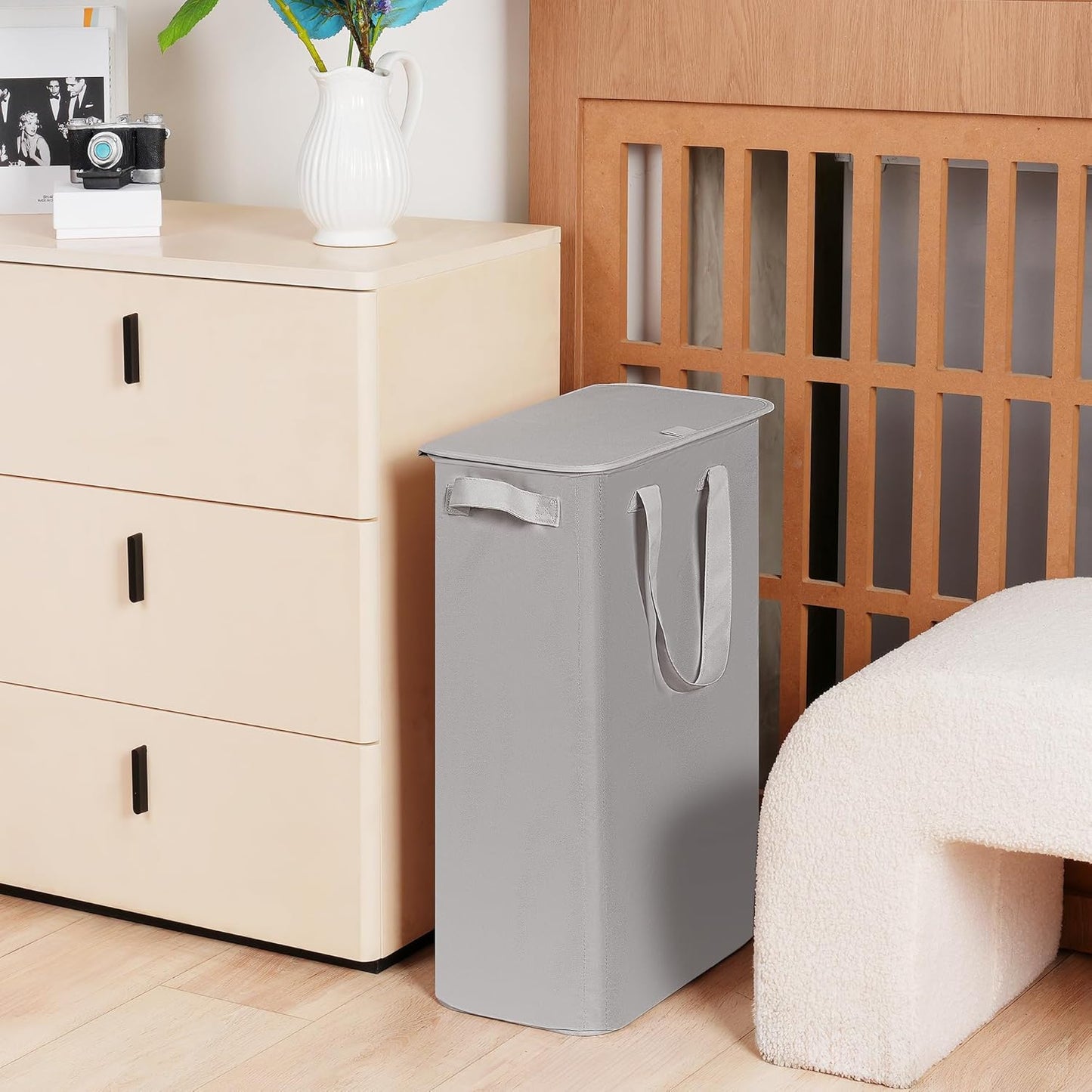 efluky Slim Laundry Basket with Lid, Narrow Laundry Hamper with Handles, Collapsible Dirty Clothes Hamper, Tall Laundry Bin for Laundry Room, Dorm and Bedroom, 55L Grey