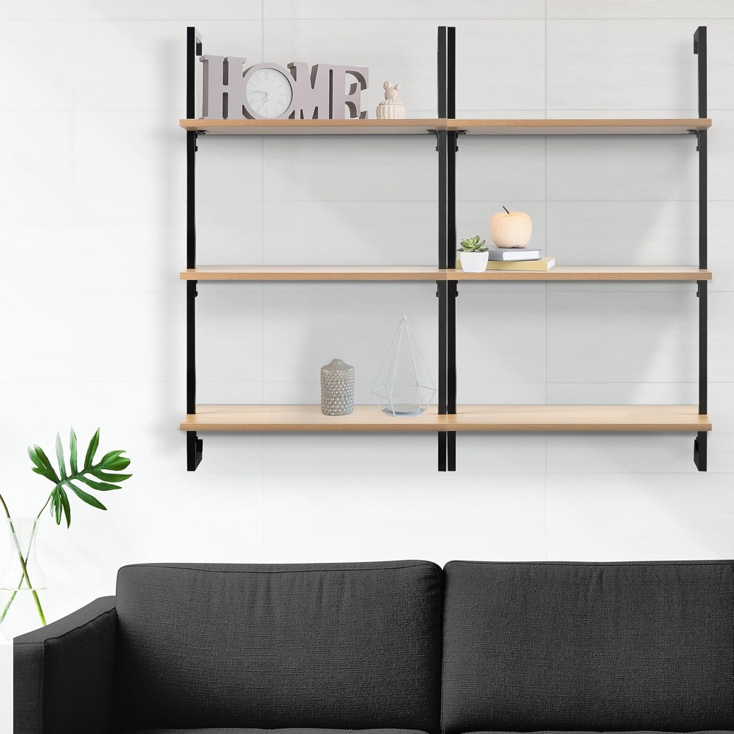 happimess MSH1000B Madera 40.55" Classic Industrial 3-Shelf Wood Wall-Mounted Open Ladder Bookcase with Metal Frame, Light Oak/Black