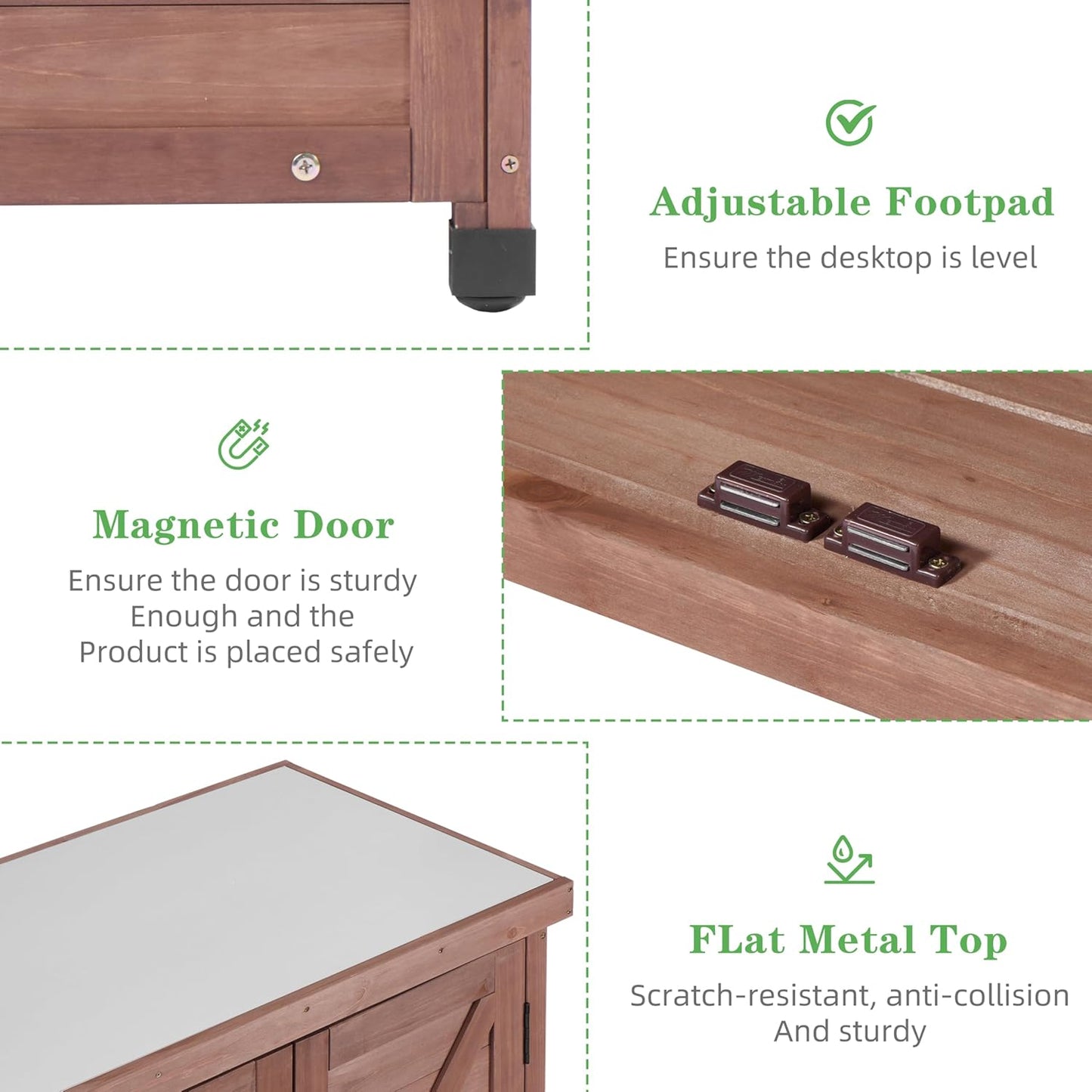 Outdoor Potting Bench with Storage Cabinet and Metal Top, Wood Workstation for Outdoor Patio, Garden (Coffee Brown, 31x17x36‘’)