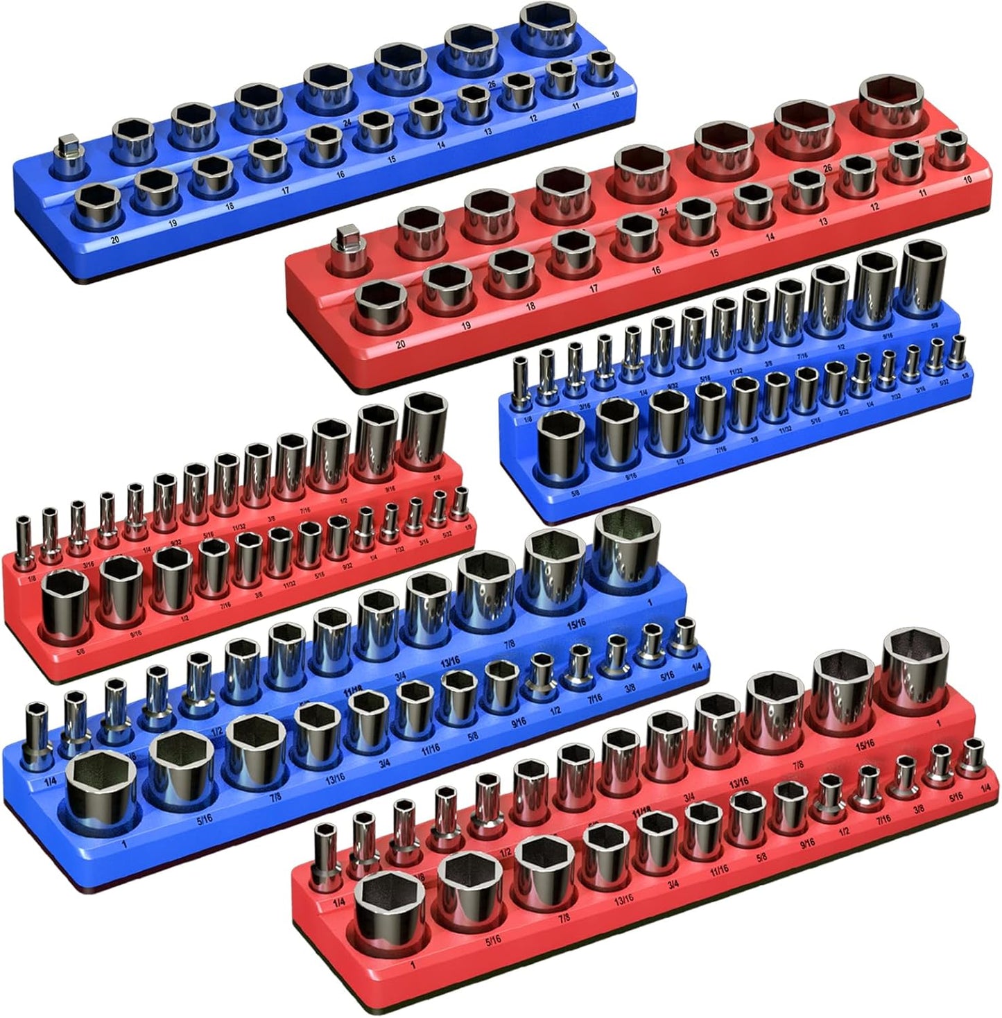 Magnetic Socket Organizer Set, 6-Piece Socket Holder Trays for 1/4" 3/8" 1/2" Drive, Holds up to 143 Sockets, Compatible with Metric and SAE Sizes (Blue & Red)