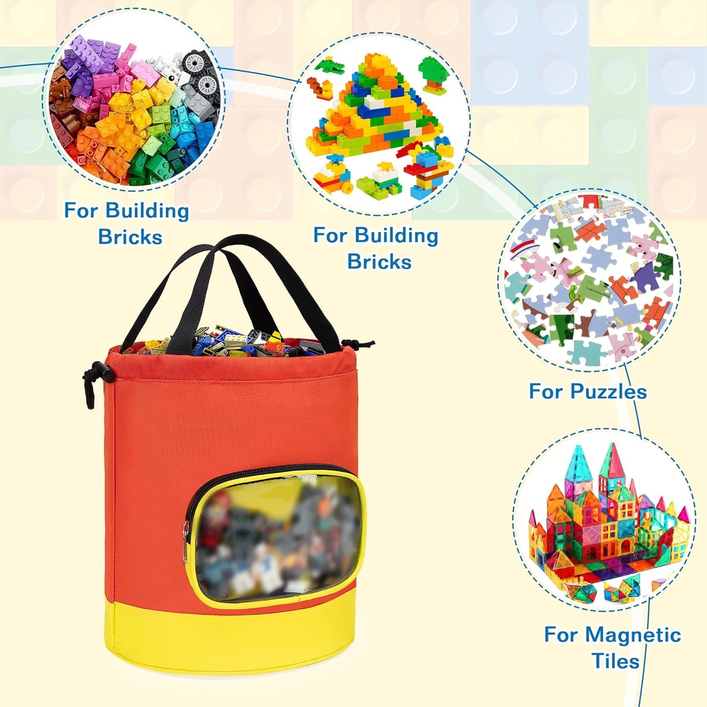 Drawstring Toy Storage Bag for Building Bricks, Building Blocks, Board Games, Puzzles, Construction Toy Travel Bag, Beach Sand Toys Storage (Yellow-orange, Small)