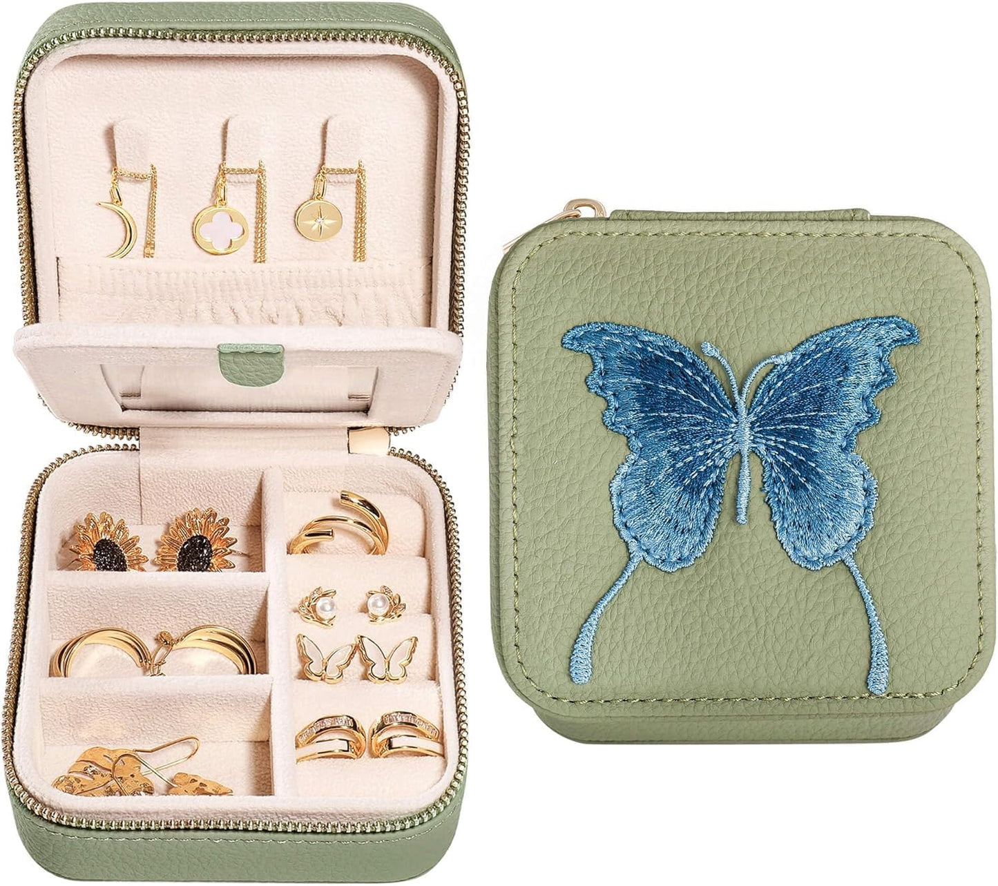 S.Leaf Travel Jewelry Organizer Boxes for Women Small Portable Necklace Earrings Bracelet Rings Travel Case Best Friend Birthday Gifts for Women Trendy (Butterfly_Fadegreen_Blue)