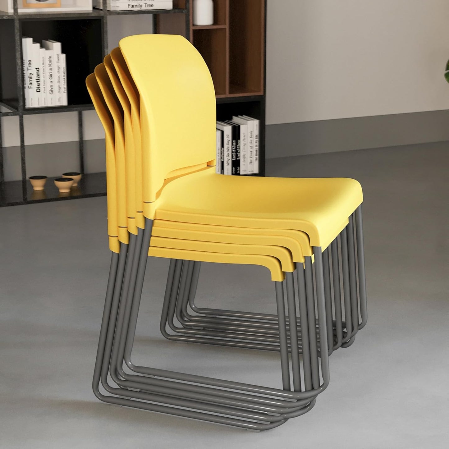 Flash Furniture HERCULES Series 880 lb. Capacity Yellow Full Back Contoured Stack Chair with Gray Powder Coated Sled Base