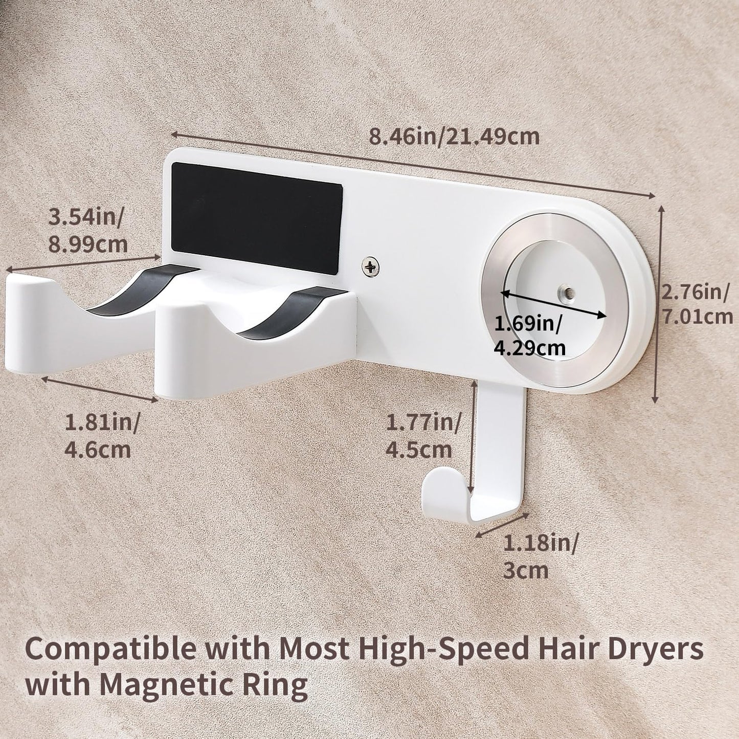 Hair Dryer Holder Wall Mounted, Hair Dryer Organizer Self Adhesive Compatible with Dyson Blow Dryer Holder Aluminum BlowDryer Holder Wall Mounted for Bathroom White