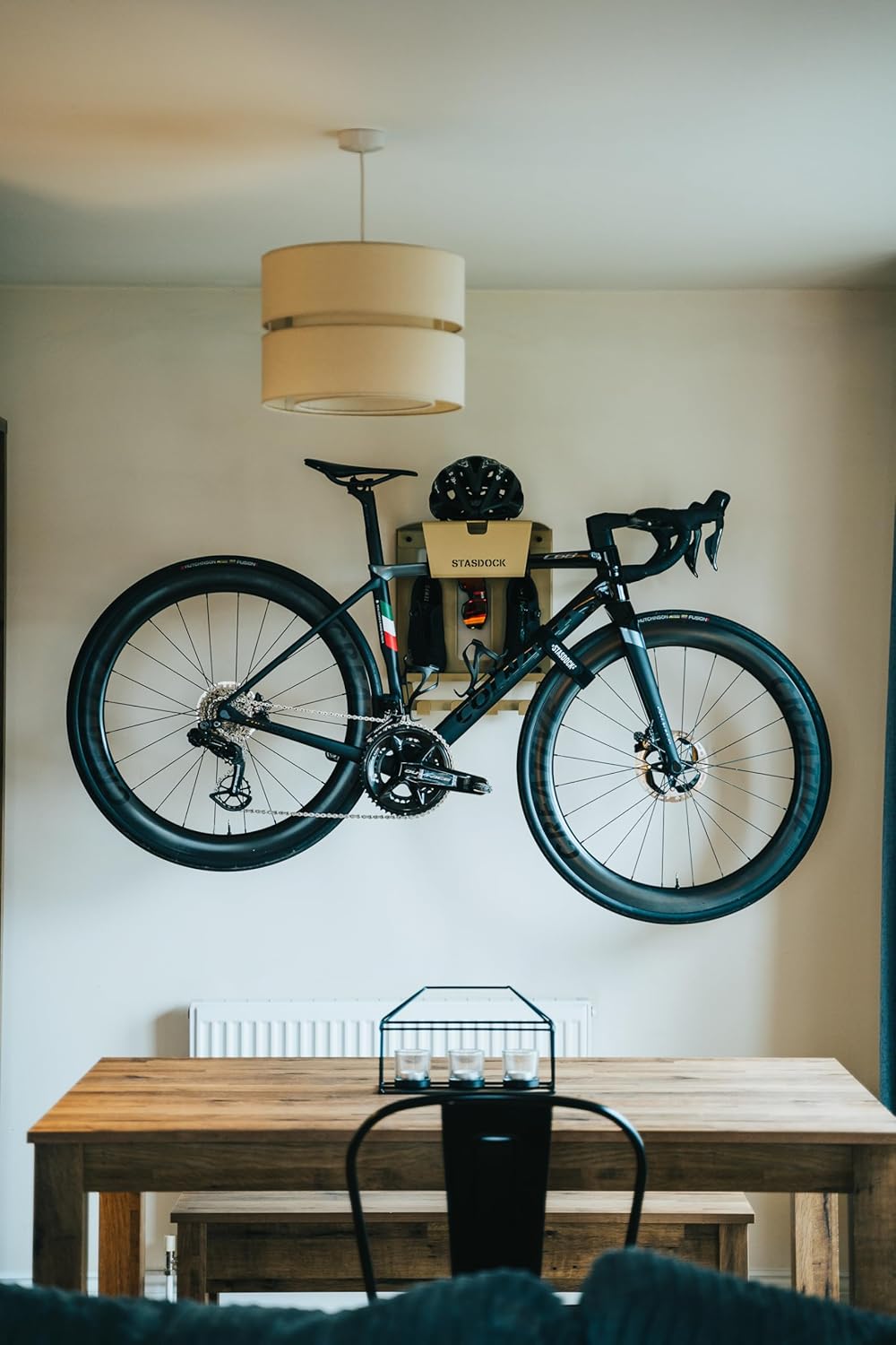 Stasdock Wall Bike Rack | Bike Storage Wall Mount System | For Race Bicycles (New Gold) and Mountain Bikes | Bike Shelf | Indoor bike wall bracket | Store your helmet and shoes | Home and Garage