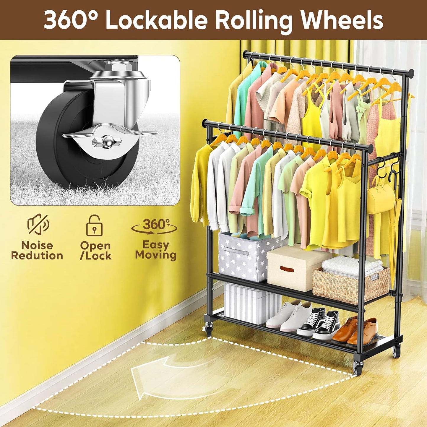 Double Rod Clothing Rack Heavy Duty with Oxford and Mesh Bottom Shelves, Garment Racks for Hanging Clothes, Portable Wardrobe Rack, Metal Clothes Rack Sturdy Coat Rack for Bedroom Laundry Living Room