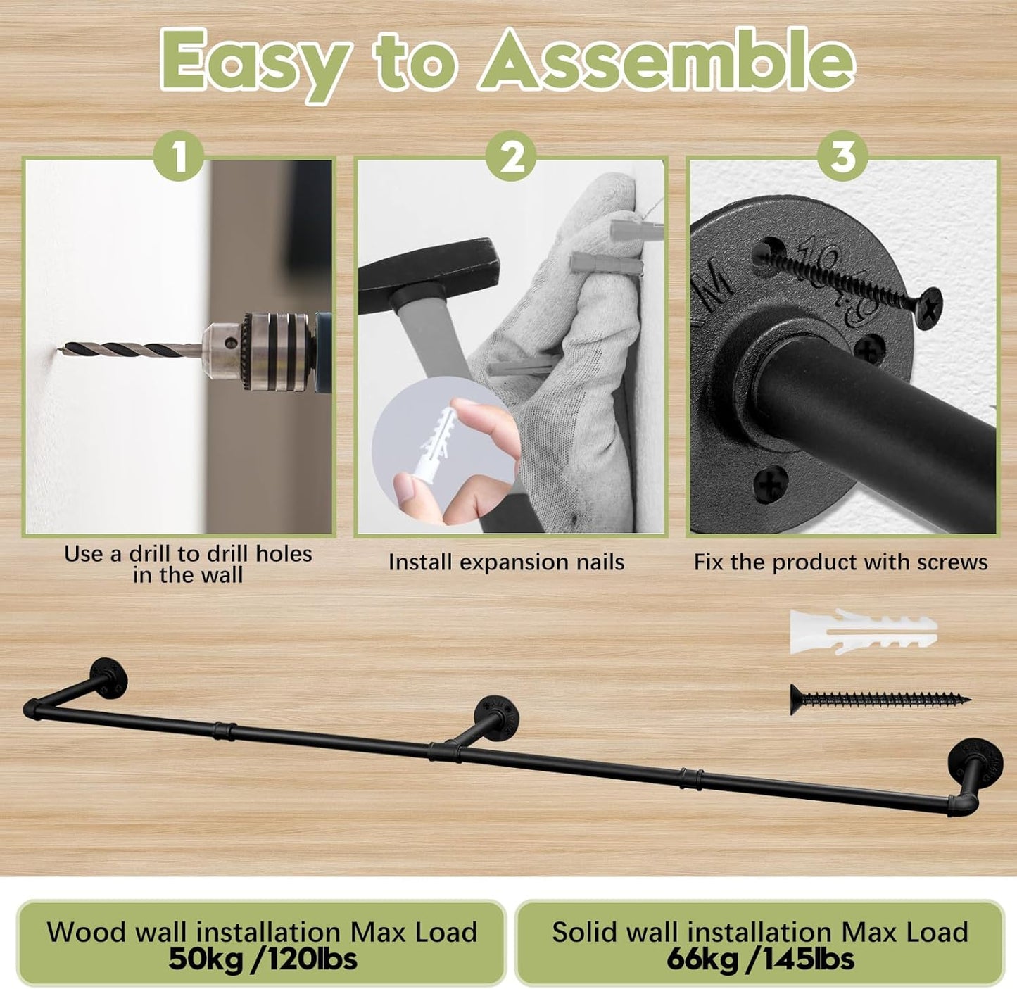 Industrial Pipe Clothing Rack, 66.1" Wall Mounted Clothes Rack Set of 2, Heavy Duty Closet Rod for Hanging Clothes, Space-Saving Detachable Iron Wall Garment Bar 3 Base