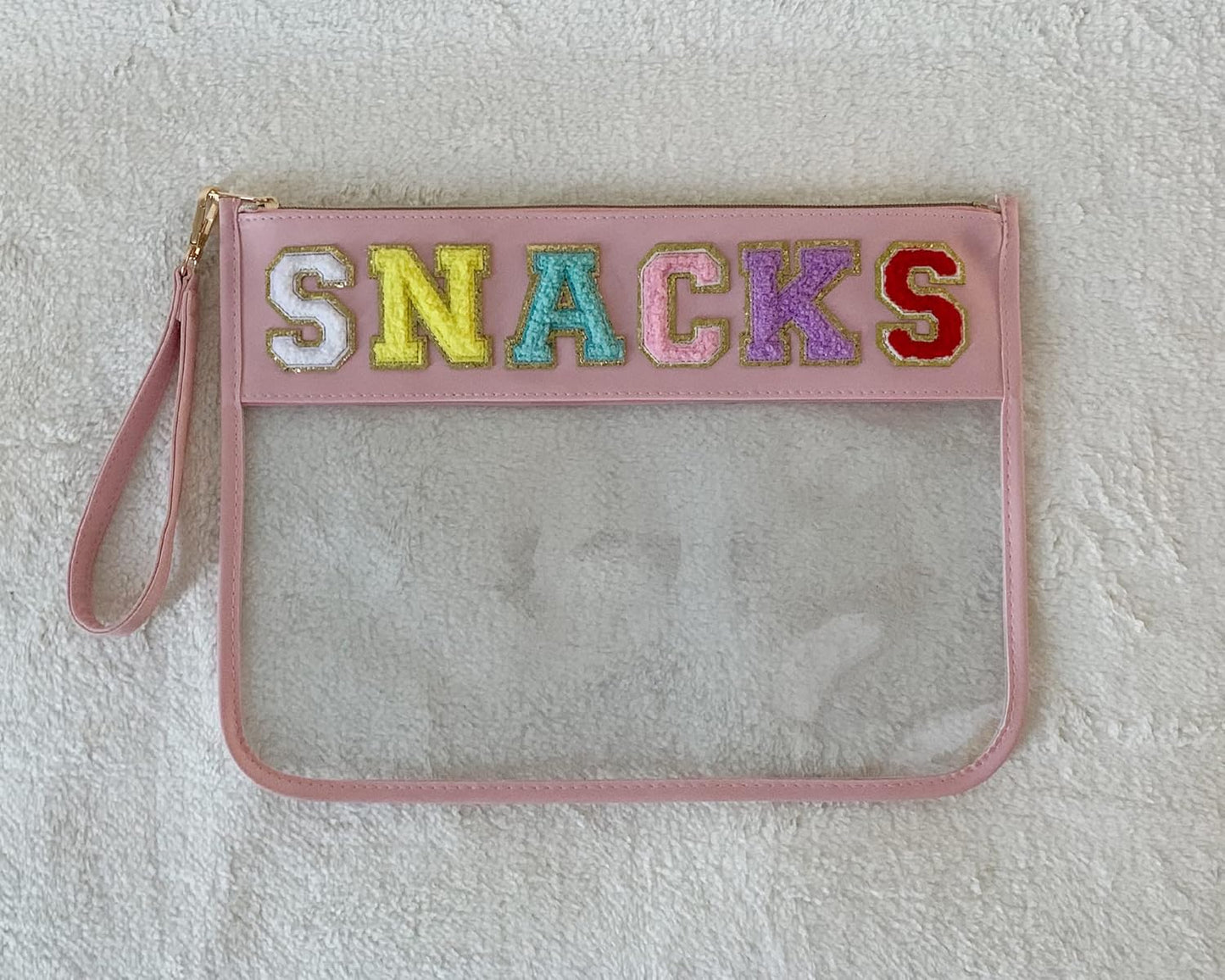 TopTTanBo Chenille Letter Clear Bag Purse Multi-purpose Transparent Waterproof Snacks Makeup Tote Bag with Wrist Strap