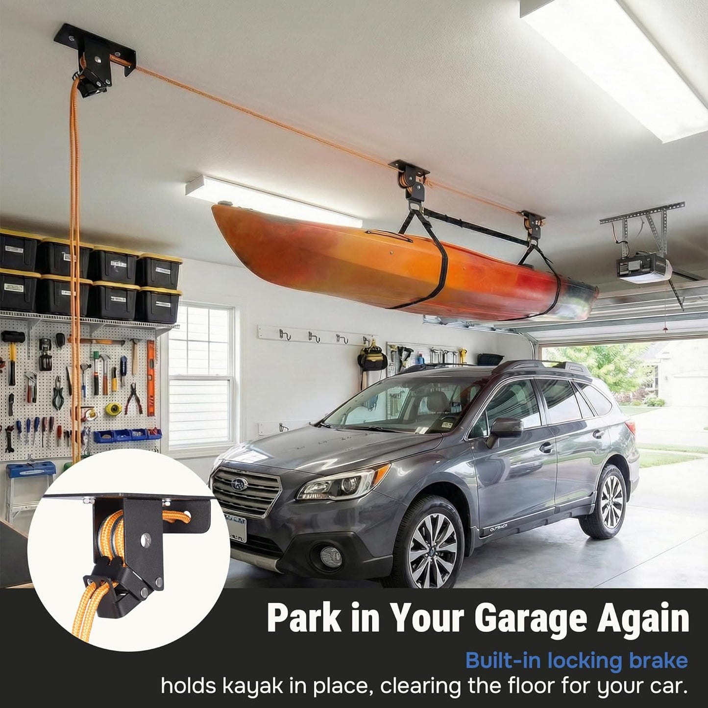 Kayak Hoist for Garage Ceiling with Metal Pulley System Holds 150 lbs, 5.5" Low-Profile Canoe Storage Lift, Parallel or Perpendicular Mounted