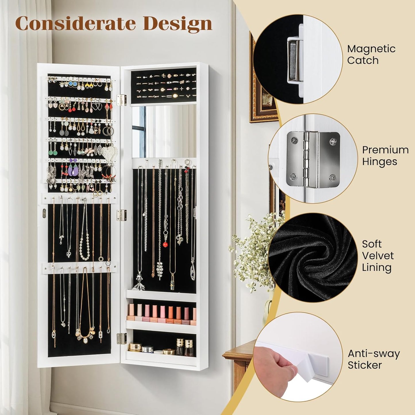 Giantex Wall Mounted Jewelry Cabinet with Full Length Mirror, Over The Door Jewelry Armoire Organizer with Large Storage, Makeup Mirror & Velvet Lining (White)