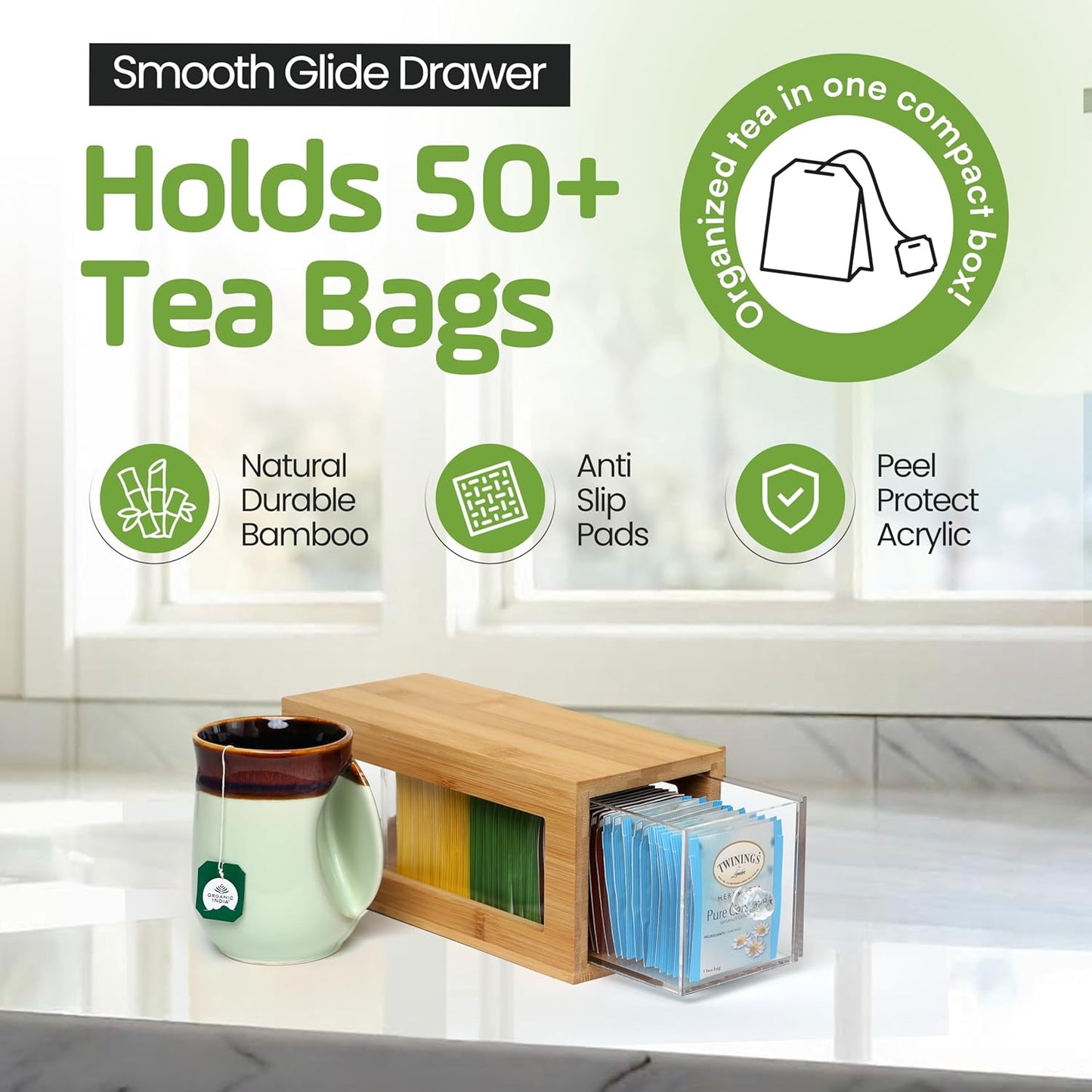 Bamboo and Acrylic Drawer Tea Bag Holder- Durable & Elegant Tea Bag Storage Holder for Kitchen Countertop, Space-Saving Tea Drawer Organizer
