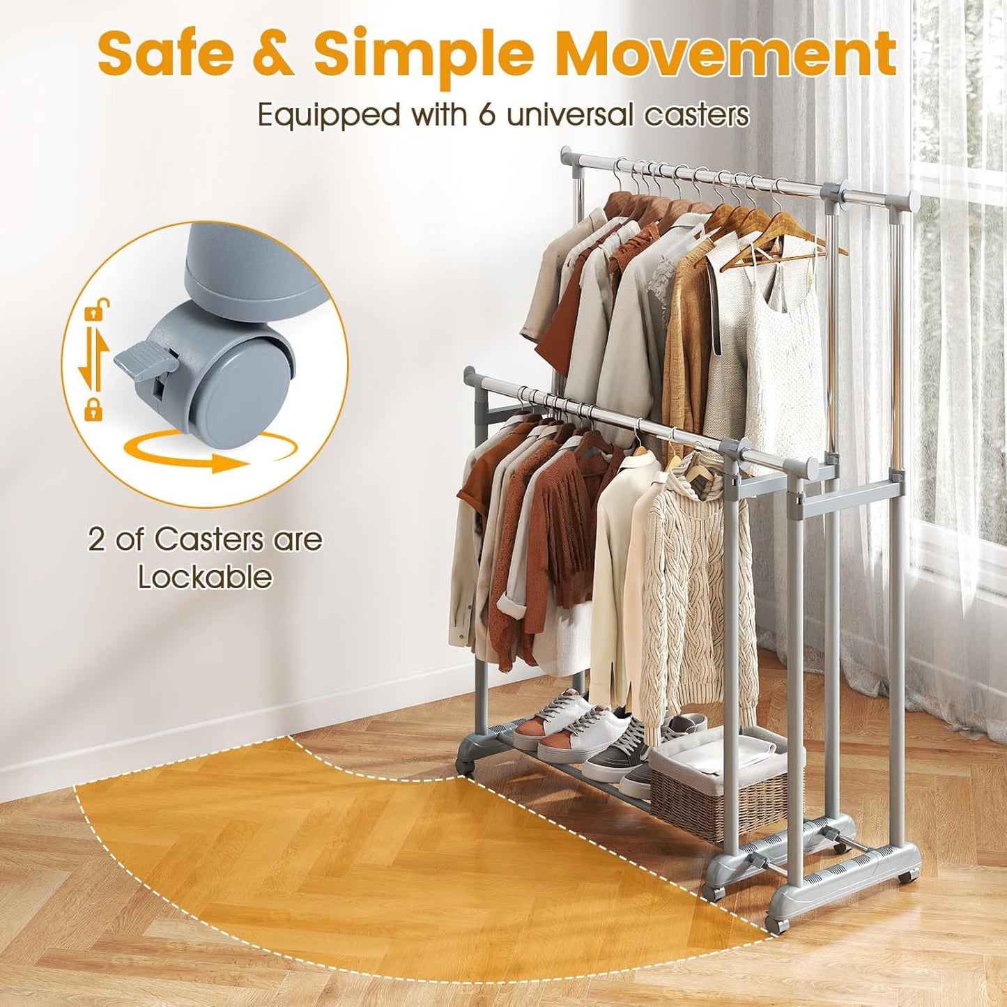 COSTWAY Double Rod Clothing Rack, Heavy-Duty Metal Garment Rack with Extendable Height & Width, Adjustable Rolling Closet Rack for Hanging Clothes with Wheels for Dressing Room, Laundry, Living Room