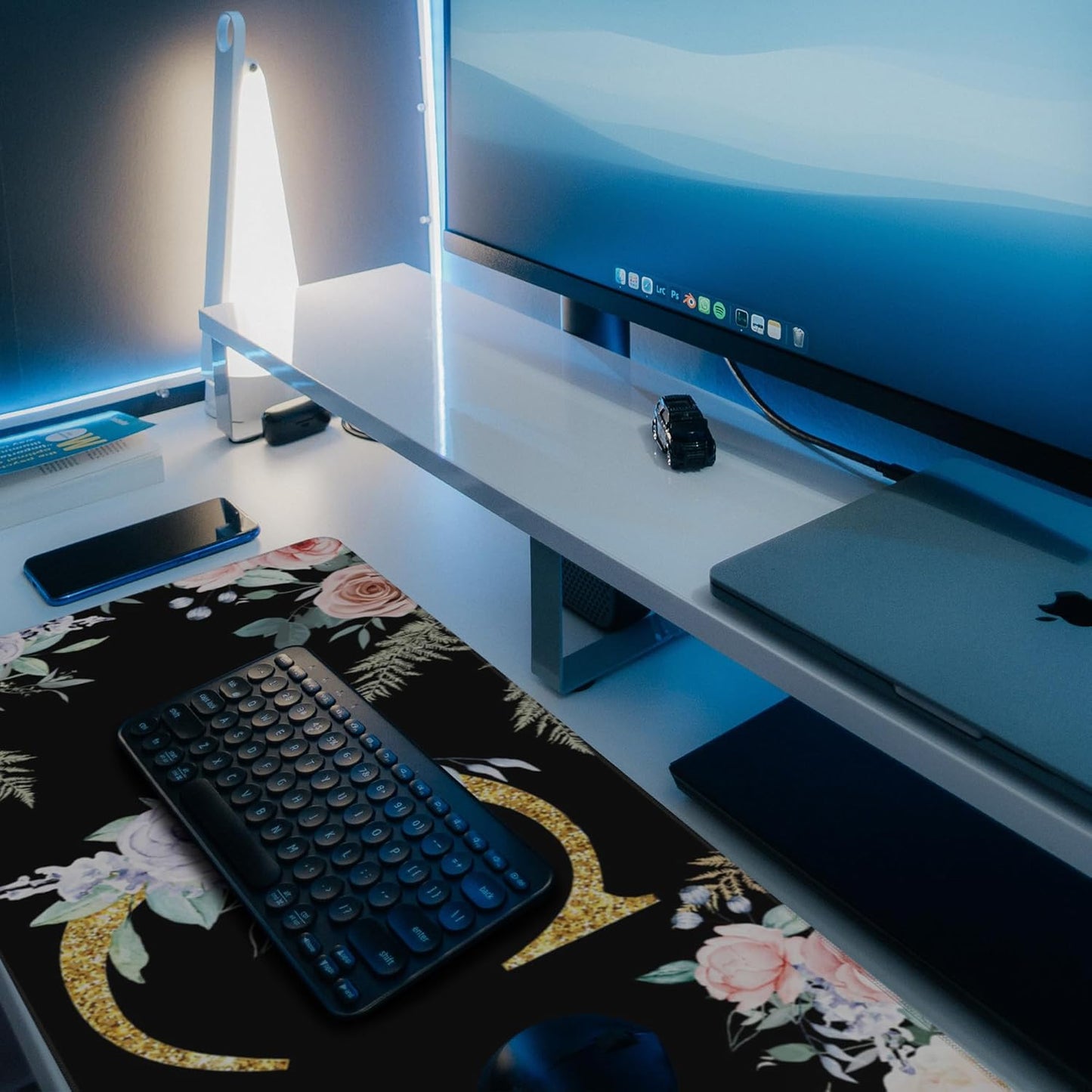 Desk Mat, Flower Golden Letters C Extended Gaming Mouse Pad Large, 35.4"x15.7" Big Mouse Pad with Non-Slip Base and Stitched Edge, Long Computer Keyboard Mouse Mat for Home Office Work