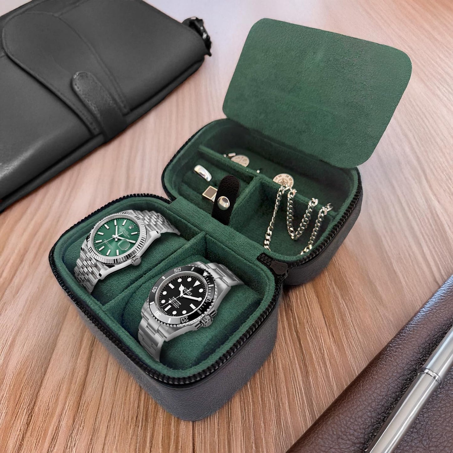 Galis Luxury Watch Travel Case for Men High End Portable 2-Slot Watch Holder and Watch Case, Premium Watch Box for Men, Jewelry Storage Organizer, Gift for Him, Fathers, Husband (Black & Green)