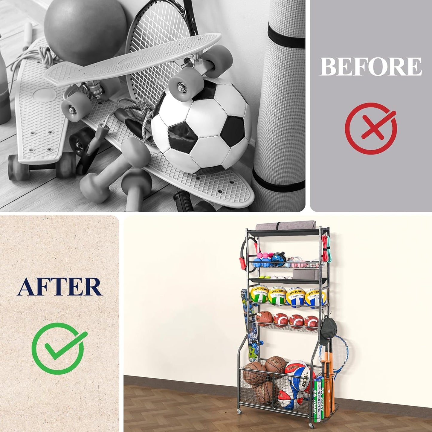 Mythinglogic Sports Equipment Garage Organizer,Garage Ball Storage for Sports Gear and Toys, Rolling Ball Cart with Wheels for Indoor/Outdoor Use
