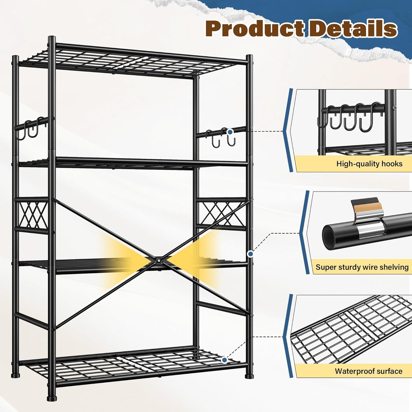 Storage Shelves 4-Tier Large Capacity Metal Shelving with Hooks, Heavy Duty Garage Shelving Unit with Leveling Feet, Stable Metal Shelves for Pantry, Kitchen and Closet,36" W x 12" D x 60" H, Black