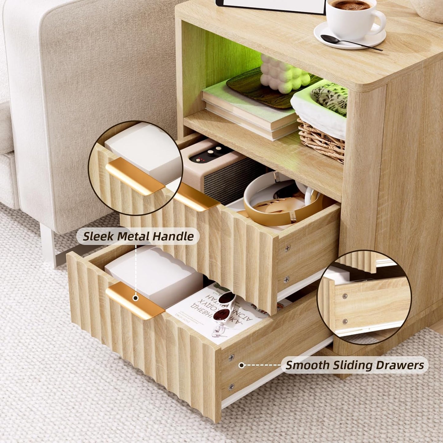 VOWNER Fluted Nightstand with Charging Station, 18” RGB Night Stand with 2 Drawers, End Table with Storage Shelf, Curved Profile Design Side Table, Bedside Table for Bedroom Living Room, Oak