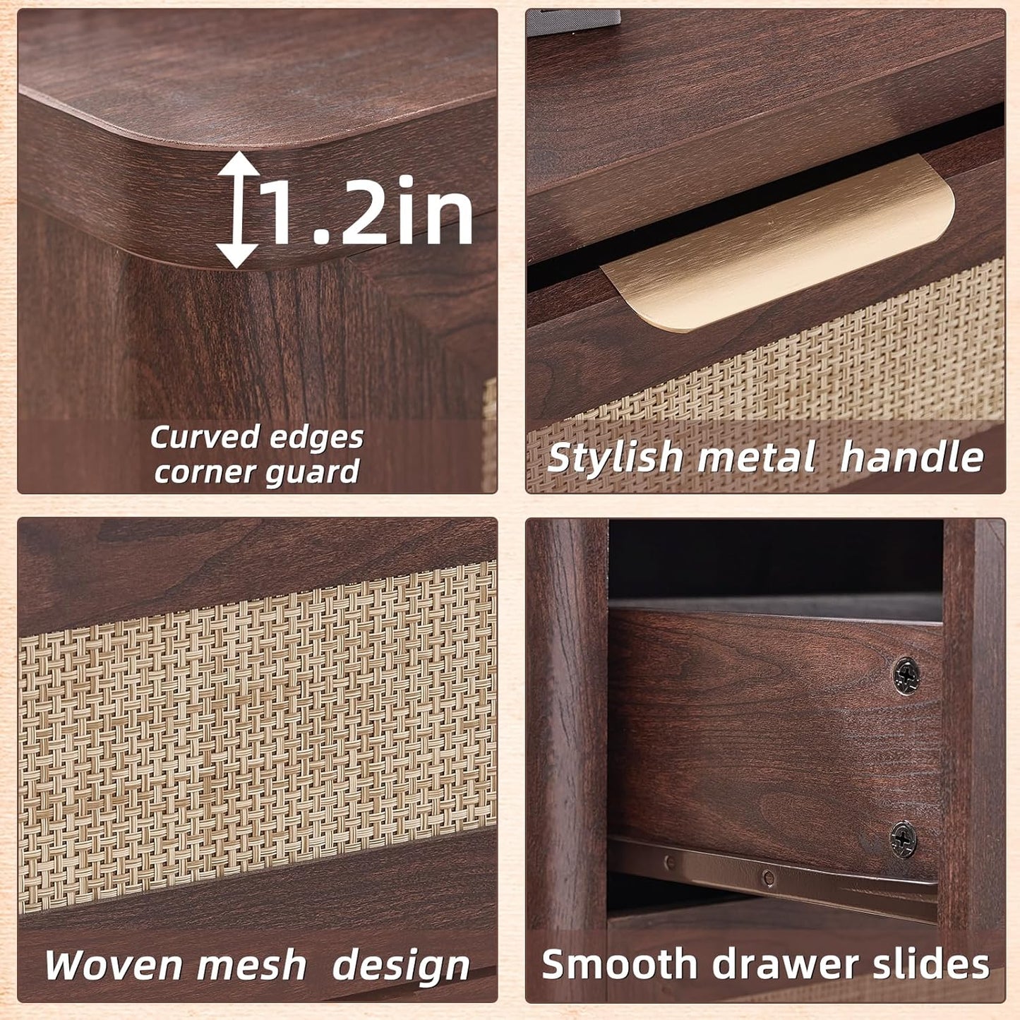 LEYAOYAO Rattan Night Stand Set of 2 with Charger Station, 23" Large 3 Drawer Boho Nightstand, Walnut Bedside Table Storage Cabinet, Bed Side End Tables for Bedroom, Living Room, Hallway