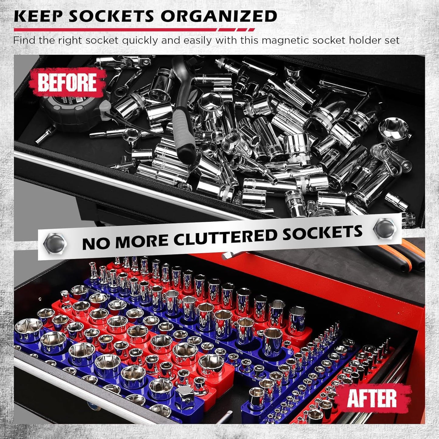 12-Piece 1/4" 3/8" 1/2"-Drive SAE & Metric Magnetic Socket Organizer Set (Holds 143 Sockets) -Detachable Tool Tray with 5mm Magnetic Base for Garage/Home(Sockets Not Included)