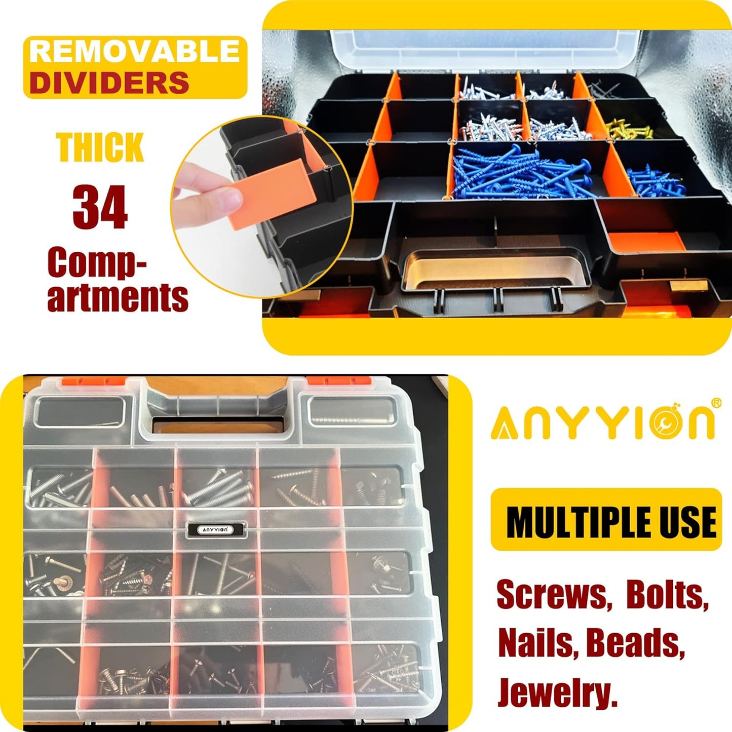Anyyion Small Parts Organizer, 34-Compartments Double Side parts organizer with Removable Dividers for Hardware, Screws, Bolts, Nails, Beads, Jewelry.