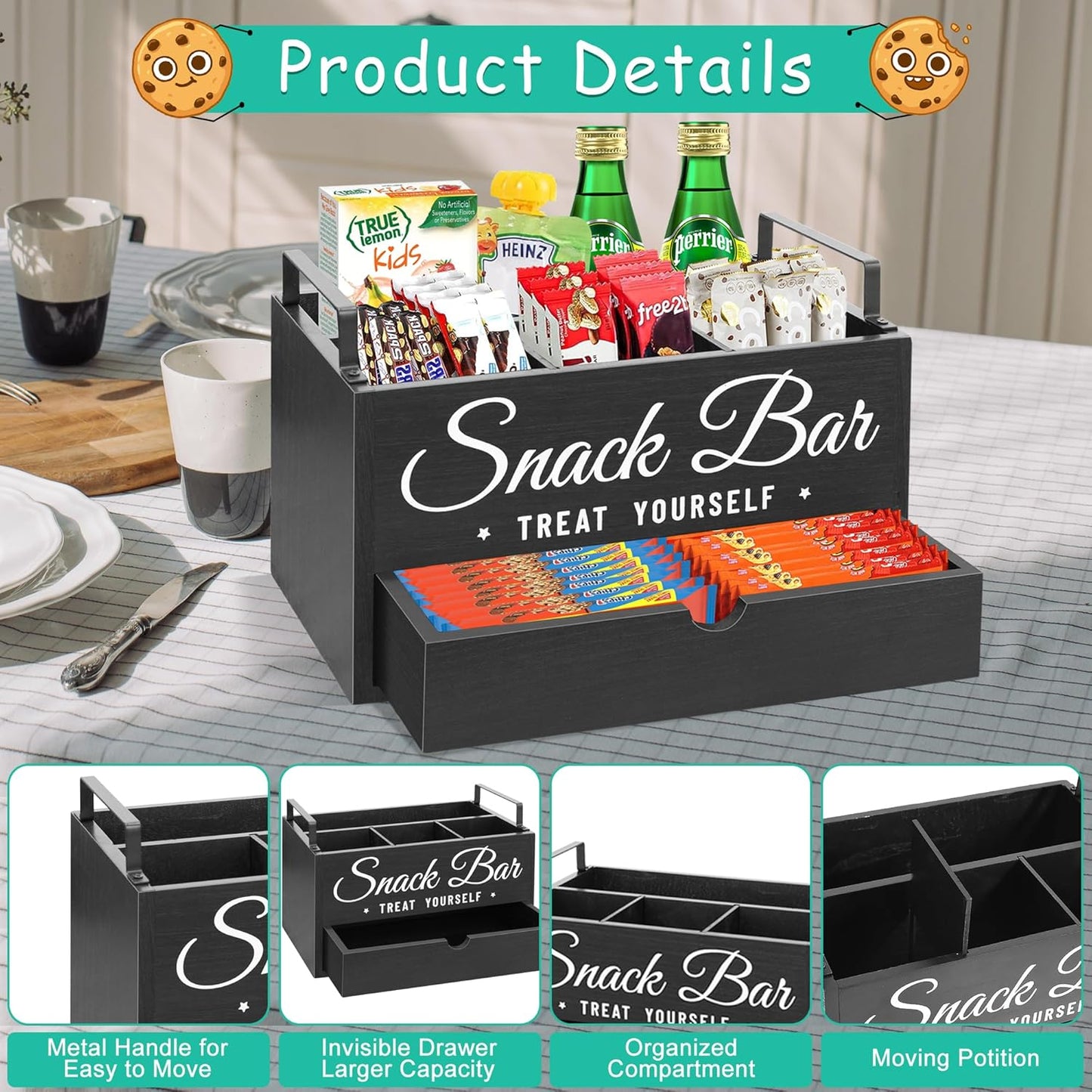 Snack Organizer for Countertop, Wood Pantry Storage Bins with Handles, Snack Bar Organizer for Kitchen, Office, 4 Compartment Food Container Snack Box with Drawer, Pantry Organizer for Chips, Candy
