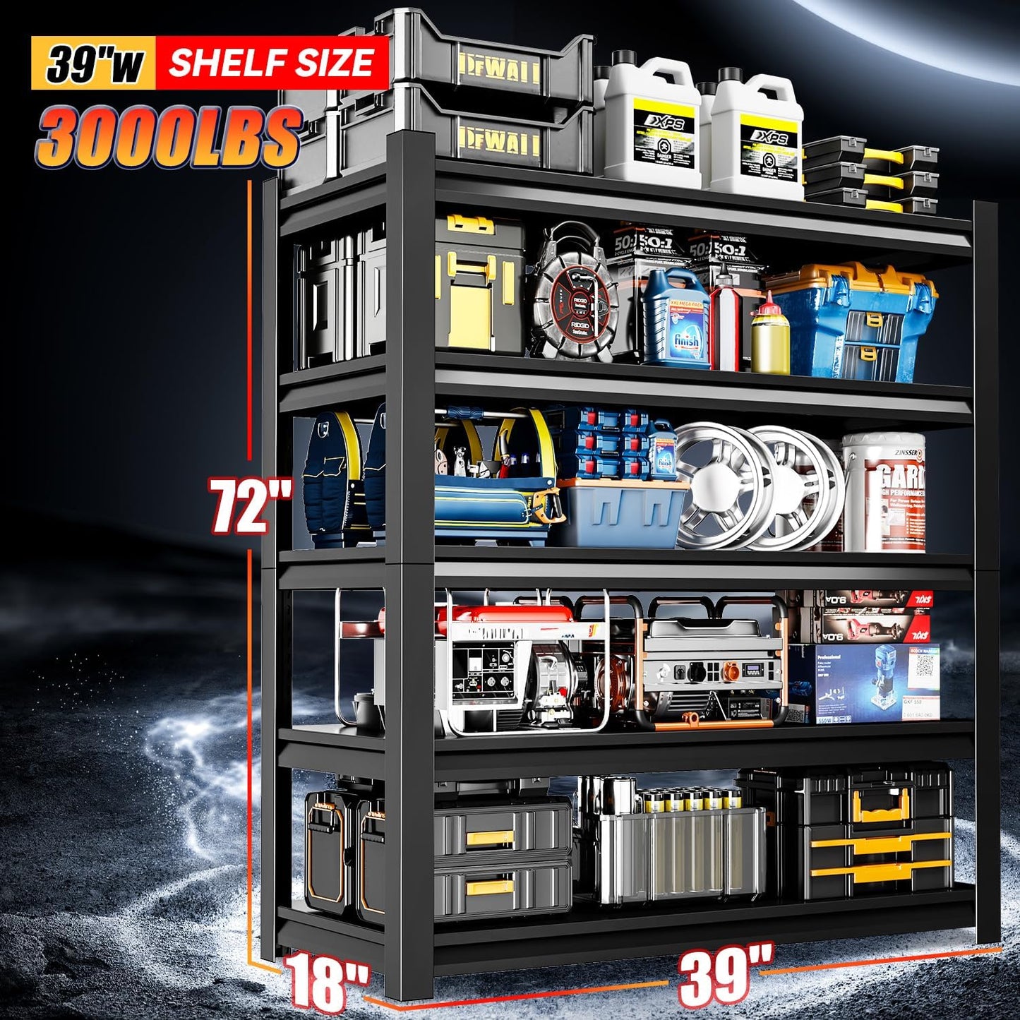 39" W Garage Shelving,5-Tier Heavy Duty Shelving Unit,3000LBS Adjustable Metal Storage Shelves,Storage Rack Units for Industrie,Shed,Warehouse,Basement,Black,39" W x 18" D x 72" H
