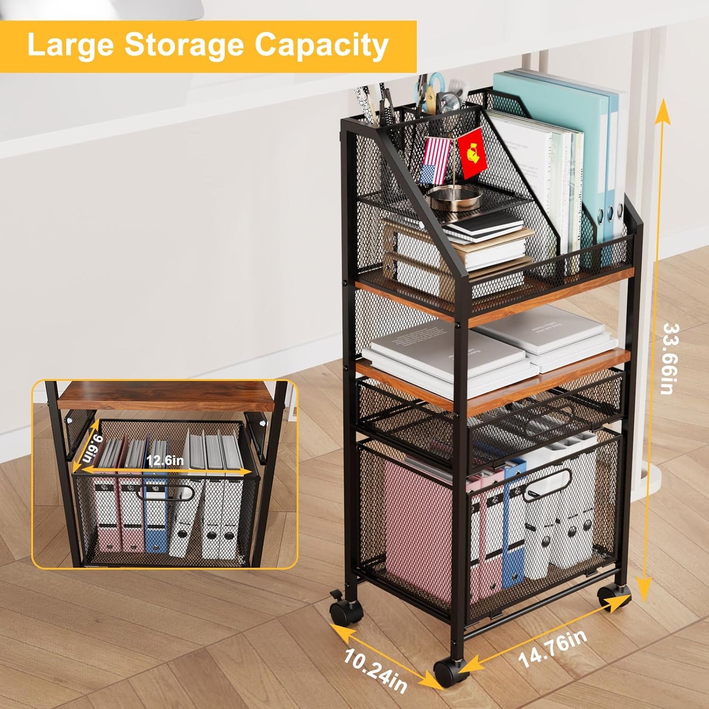 Rolling File Cart with 2 Storage Drawers Multipurpose Book Letter Organizer Carts with Lockable Wheels Wood&Mesh Rolling File Organizer Space-Saving Cart for Office Supplies