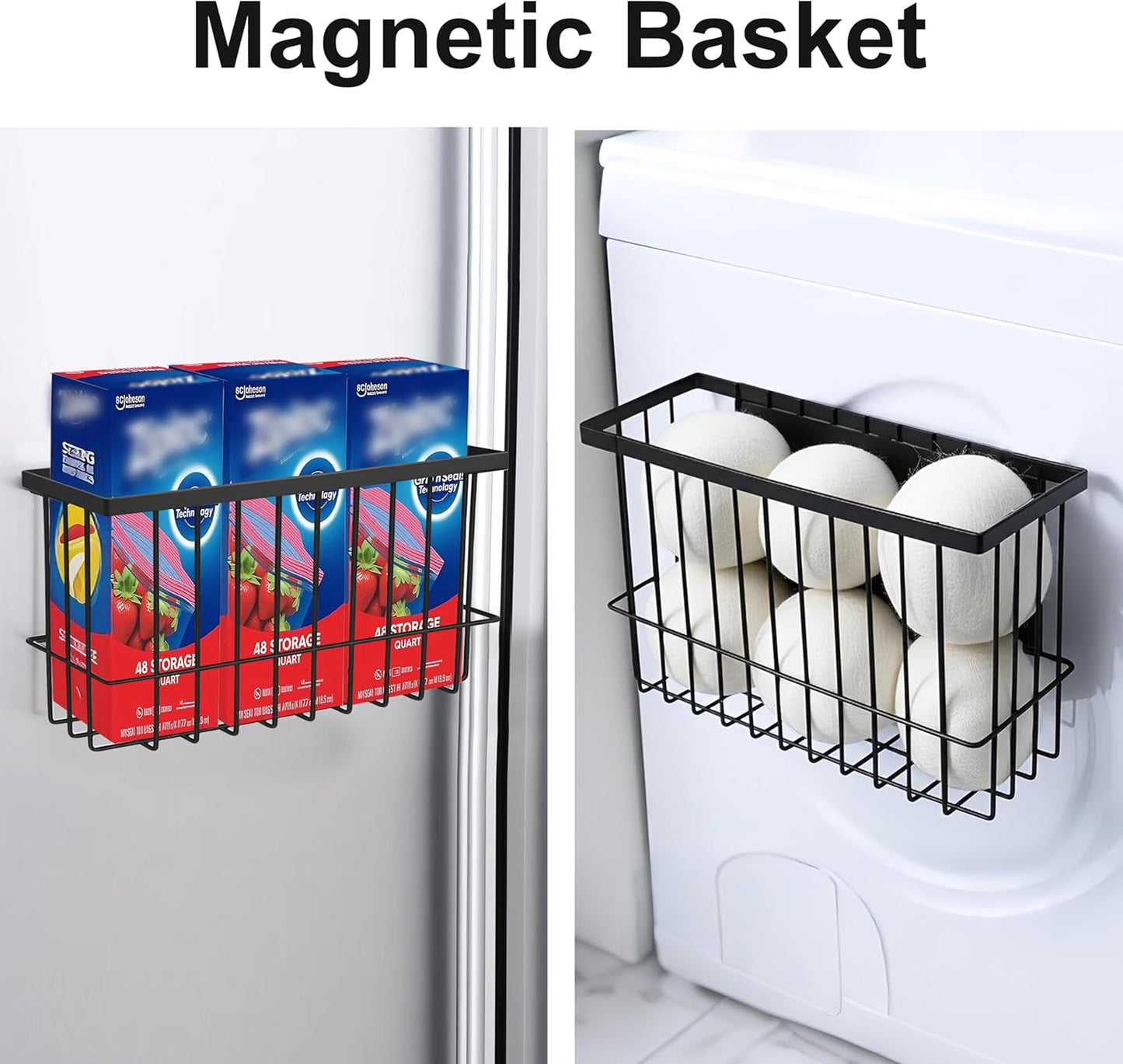 Magnetic Basket for Fridge, Magnetic Basket, Foil and Plastic Wrap Organizer with 4 Caddy Adhesive Stickers, Cabinet Door Organizer for Kitchen Wrap Food Bag Tin Foil Storage, Black, 2 Pack