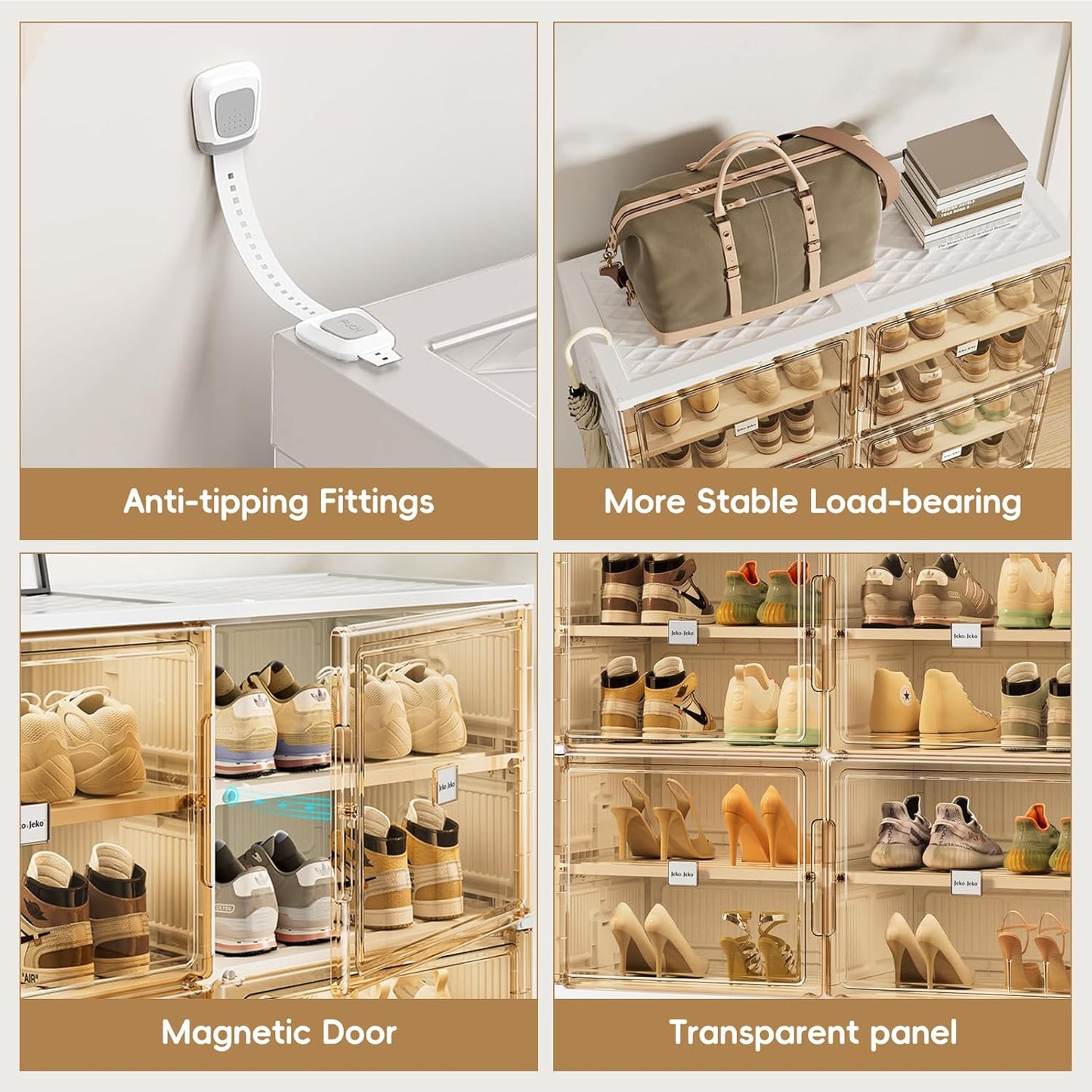 JEKO&JEKO 5 Tiers Foldable Boot and Shoe Storage Rack Cabinet for Closet Entryway, Large Collapsible Shoe Organizer with Magnetic Doors (White)