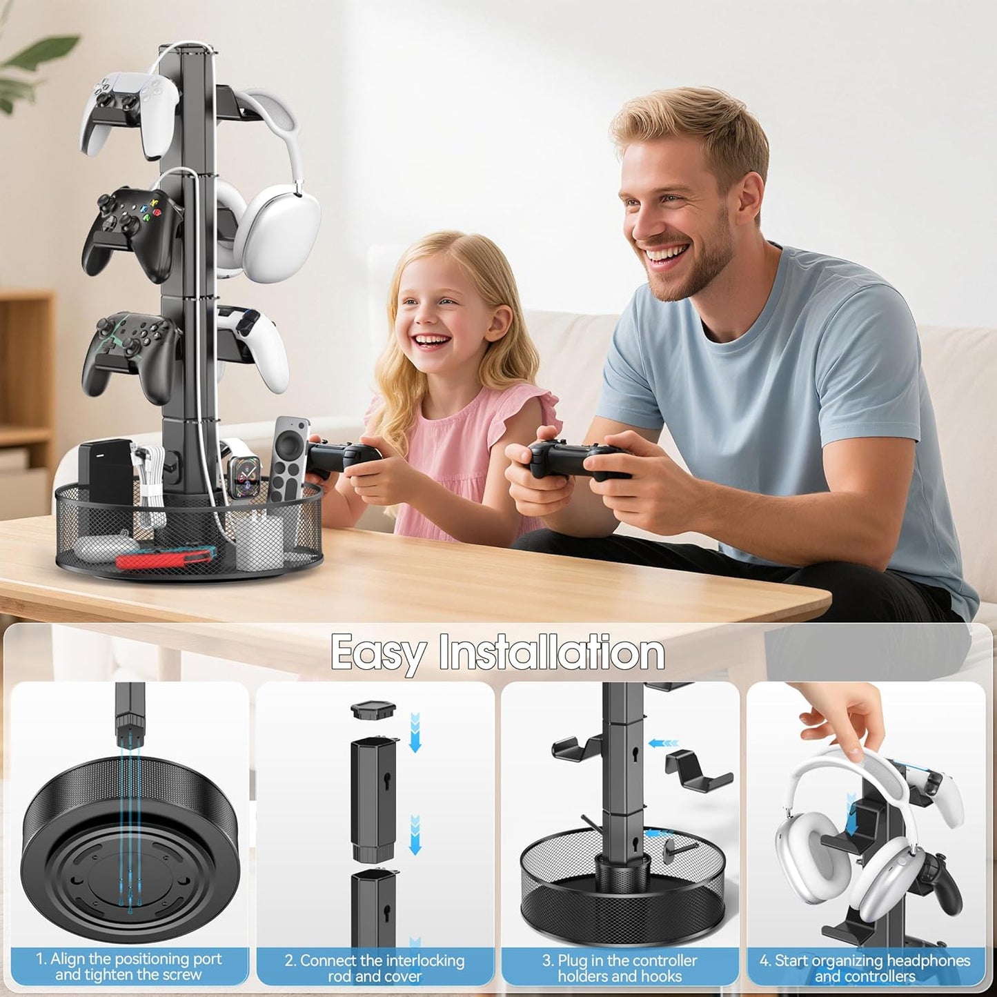 Rotatable Gaming Controller Holder with Basket for Desk, Controller Stand for PS5/PS4/Xbox/Switch/PC Accessories, Holder with Cable Organizer, 4 Tiers Black