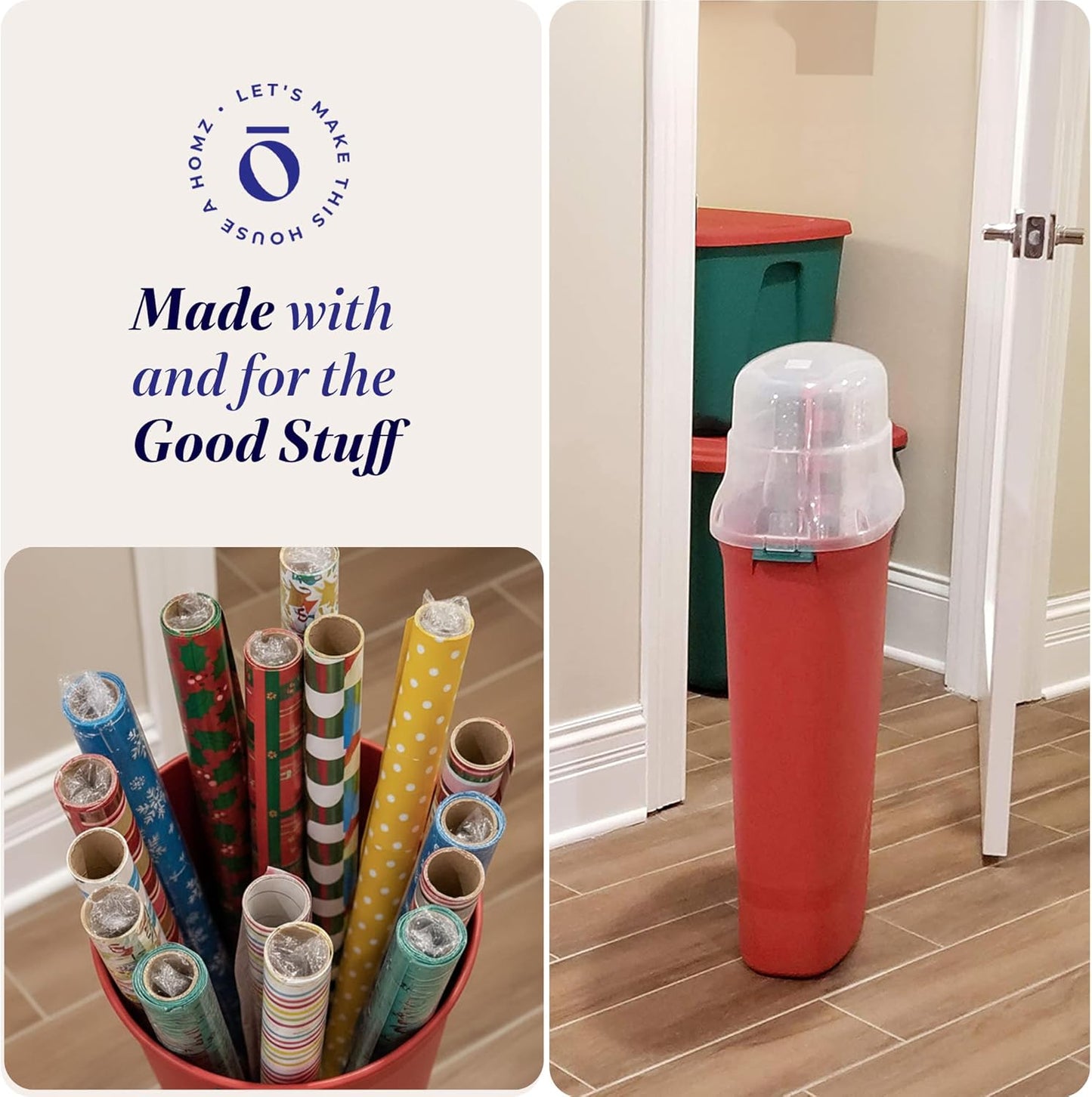 HOMZ 2-Pack Seasonal Holiday, Plastic Vertical Gift Wrap Storage Organizer, Red & Clear - Paper Wrapping Bin Containers for Christmas Gifts and Birthday Presents