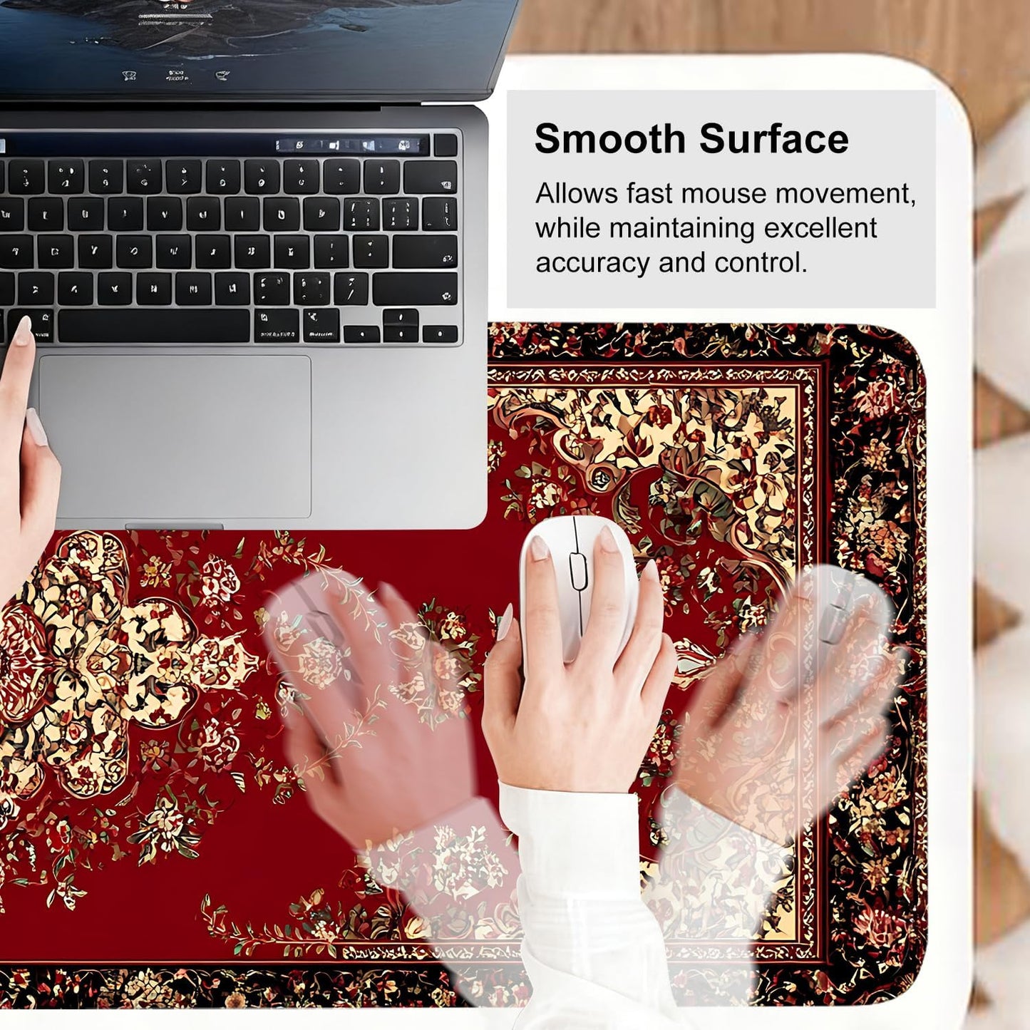 Red Vintage Persian Rug Mouse Pad – Large Extended Desk Mat 31.5 x 11.8 in– Oriental Carpet Design, Non-Slip Rubber Base, Waterproof Surface, Keyboard & Mouse Pad for Office, Gaming, Home