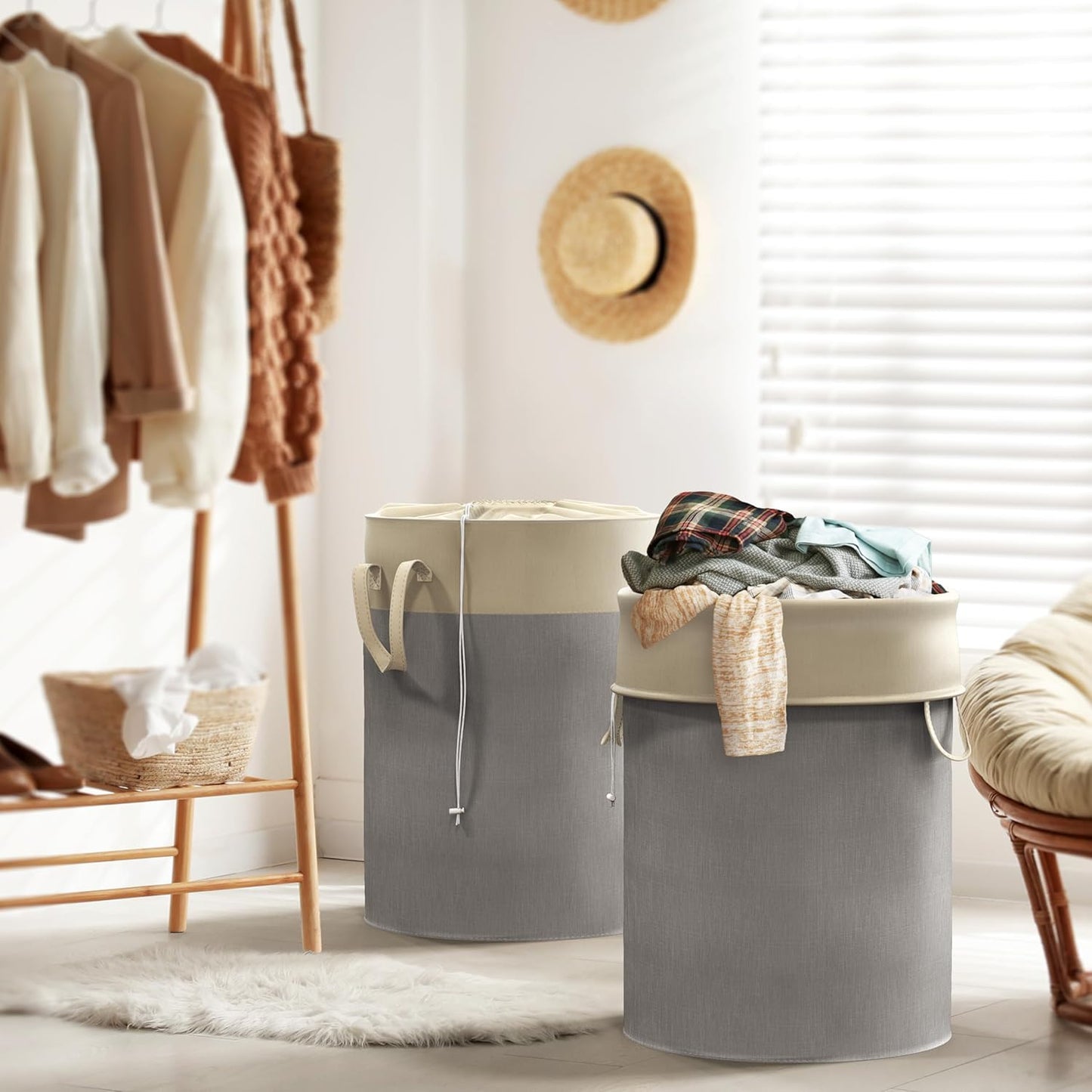Simple Houseware 74L Collapsible Laundry Hamper, Round Cotton Basket with Drawstring Closure and Handles, 2 Pack, Gray