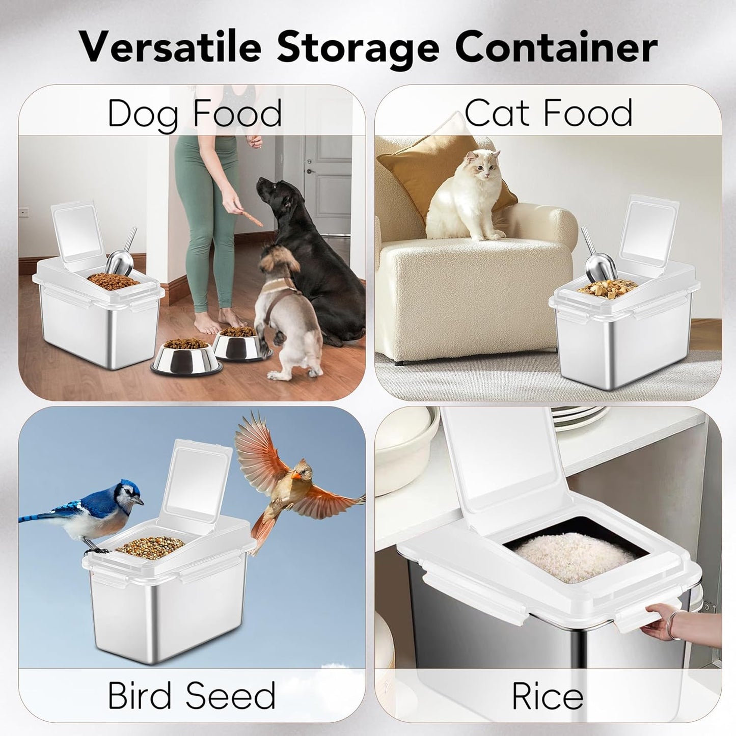Dog Food Storage Container Stainless Steel with Scoop, 16 LB /11 LB Airtight Pet Metal Food Storage Bin, Cat Food Container for Dry Dog, Cat Food, Bird Seed, Keep Food Fresh, White