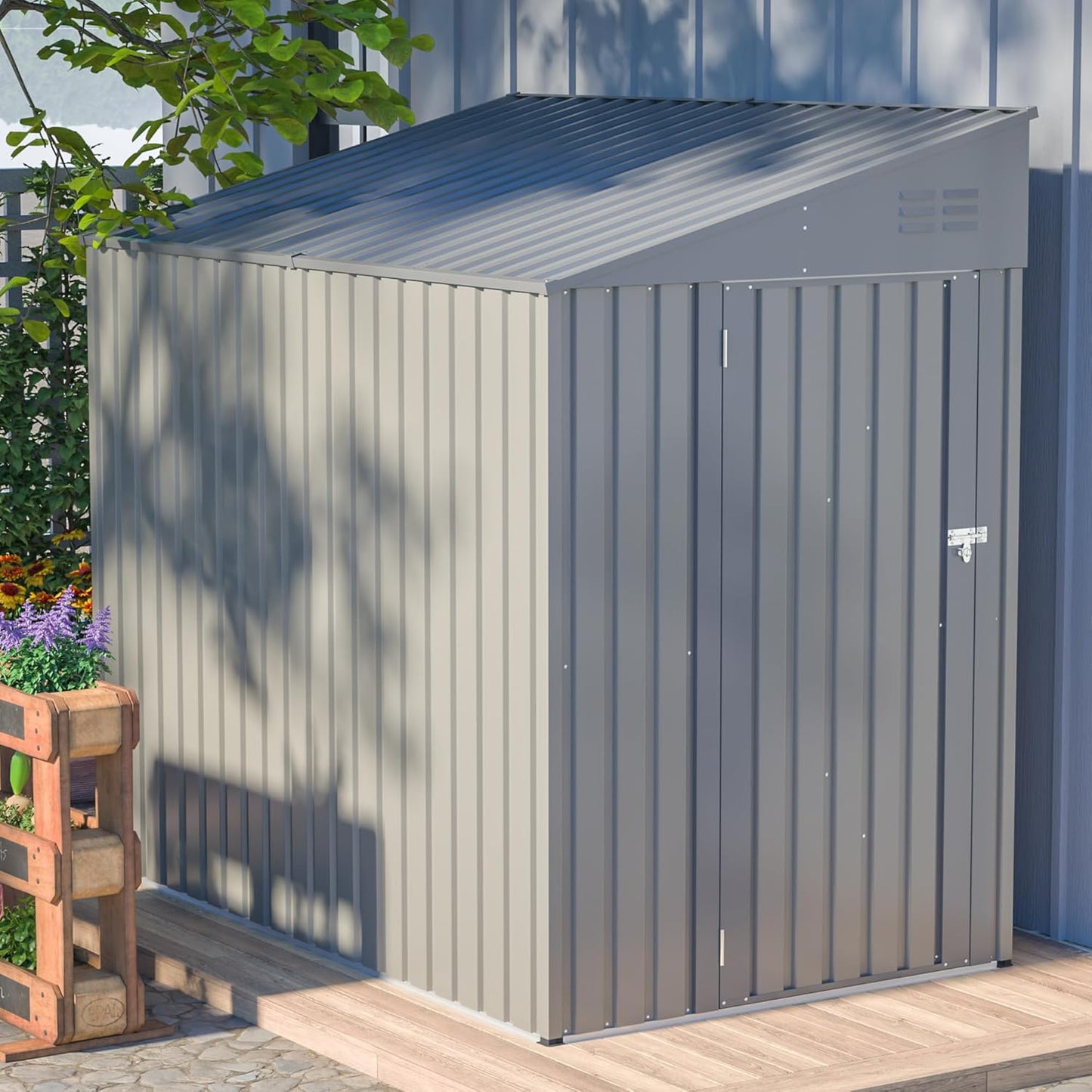 4x7 FT Outdoor Storage Shed,Lean to Lockable Metal Garden Shed Steel with Reinforced Beams,All Weather Waterproof Storage House W/Lockable Door&2 Air Vents,for Backyard,Patio,Lawn,Garden,Gray