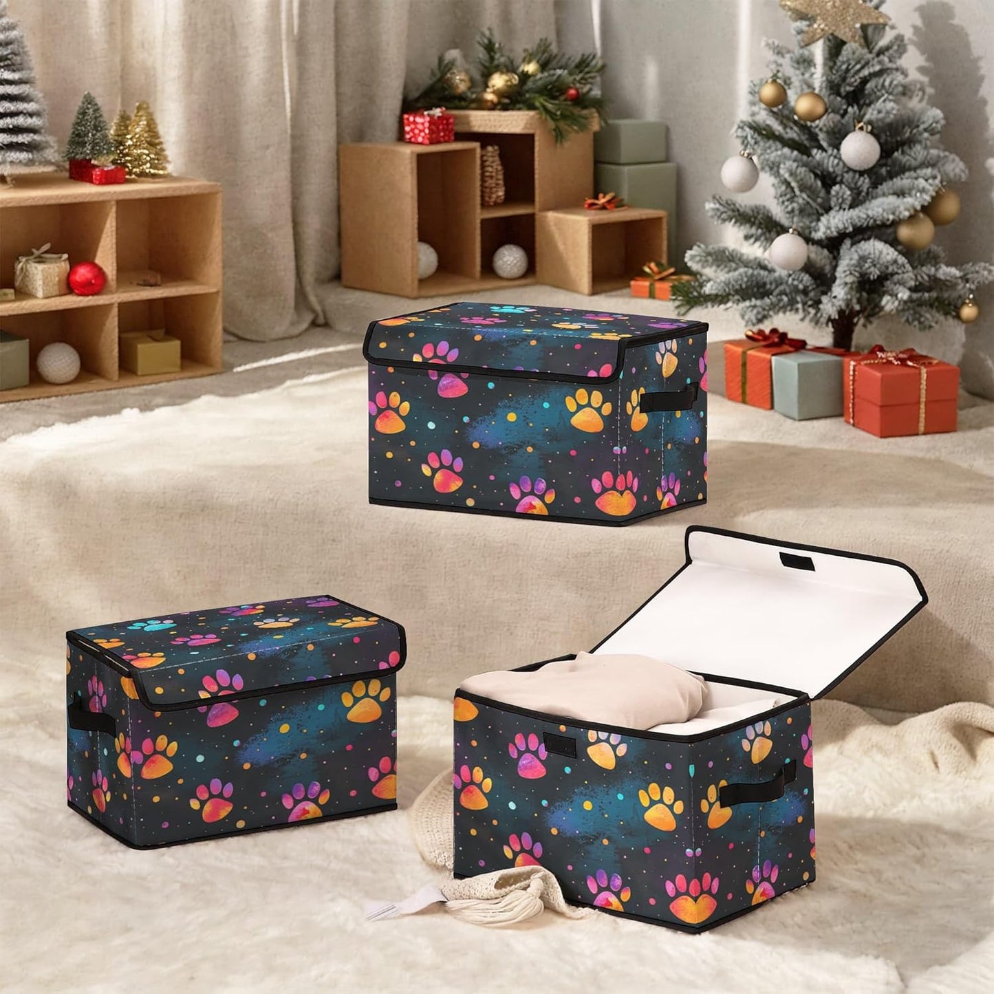 Stackable Clothes Storage Bins with Lids,Closet Organizers Fabric Printing Box for Home and Office,Blanket Clothes Organizers,Under Bed Storage Containers 3 Pack.
