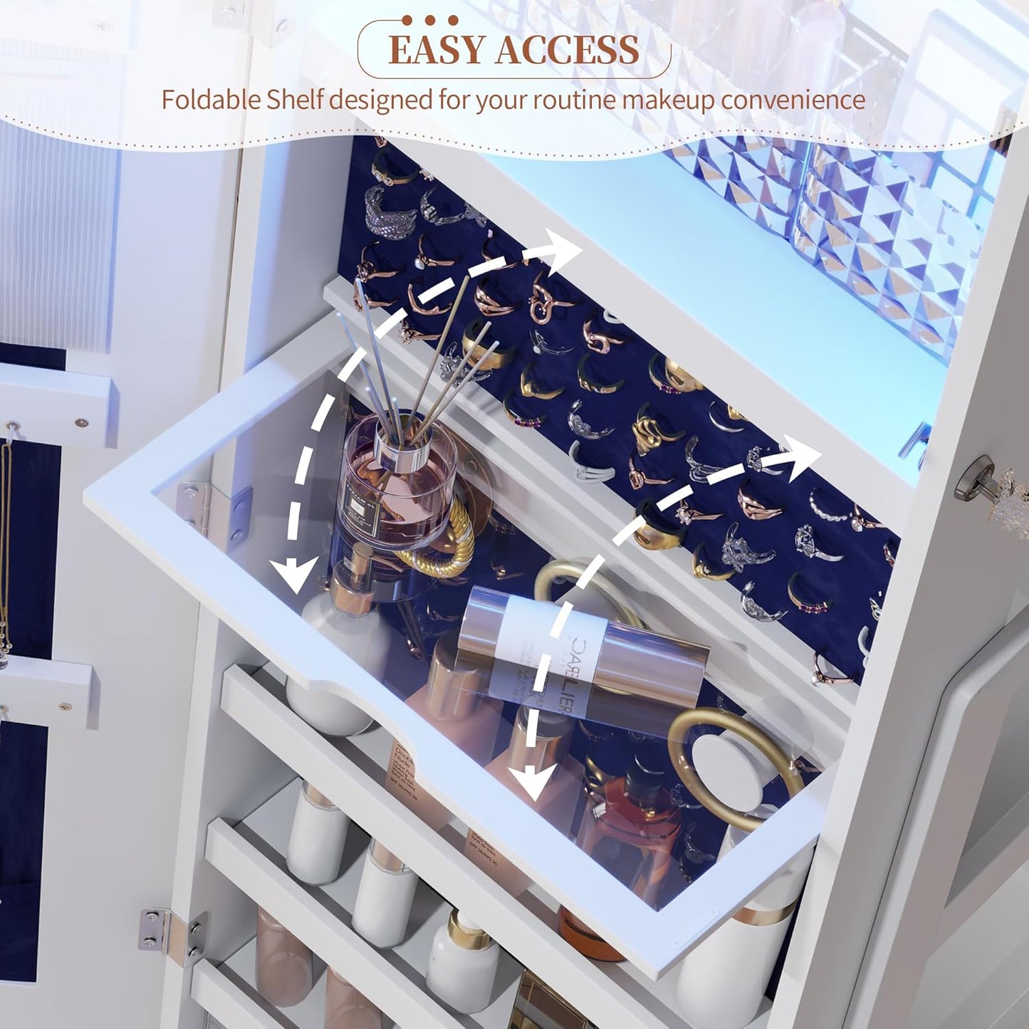 61" Full Length Mirror Jewelry Cabinet with Storage – Rotating, Lockable Jewelry Armoire with Velvet Lining, Standing Organizer for Women – Ideal Gift for Jewelry Storage & Display, White