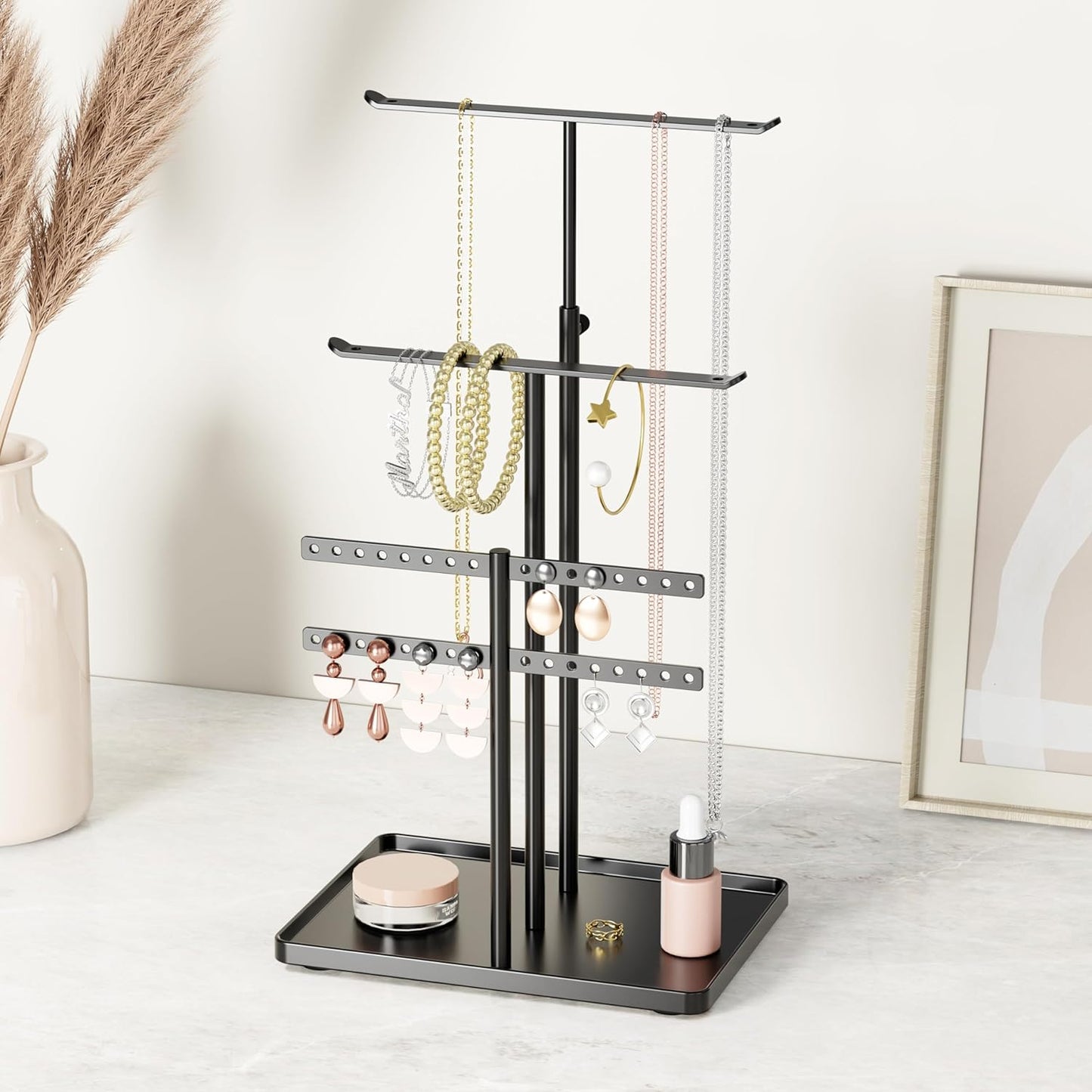 Jewelry Holder Organizer Stand - Adjustable Jewelry Tree 17.5" Height (Max), Jewlery Hanger for Necklaces, Bracelets, Earrings, Aesthetic for Storage and Display, Metal, Black
