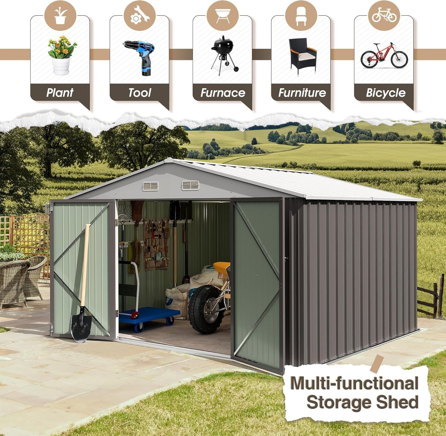 Furniwell 10x10 FT Outdoor Storage Shed, Metal Garden Sheds Outdoor Storage House with Single Lockable Door for Backyard Patio Lawn, Gray