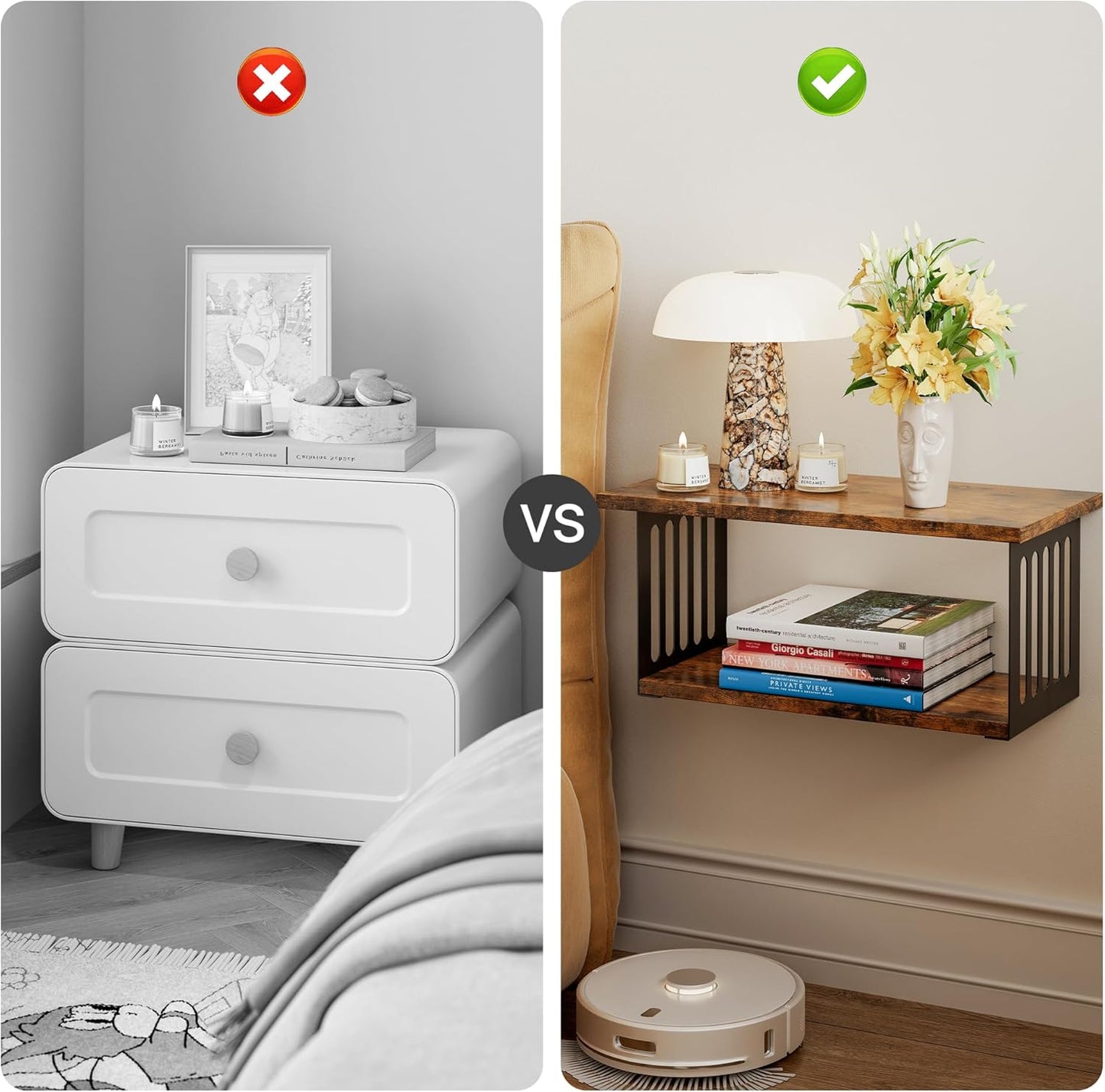 Floating Nightstand Set of 2, 2-Tier Floating Shelves Wall Mounted,Floating Bedside Table Wall Shelf,Display Wall Shelves for Bedroom,Living Room, Bathroom, Kitchen,Rustic Brown