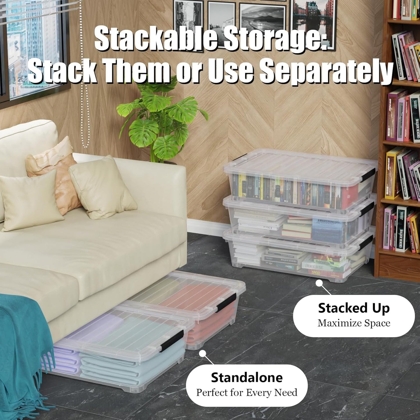 3 Packs 40 L Plastic Underbed Storage Containers with Lids, Clear Latching Bin Box with wheels