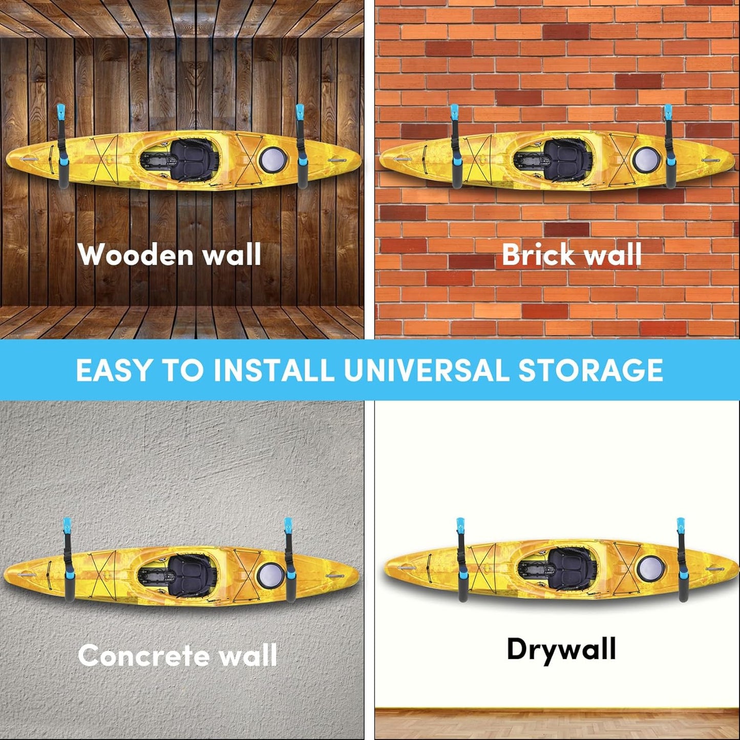 Kayak Storage Rack,Kayak Rack for Garage,Kayak Wall Mount Kayak Wall Rack with Nylon Straps,Heavy Duty Kayak Hanger Kayak Hook Suitable for Kayaks and SUP Paddle Board(4Pack,6 Colors)