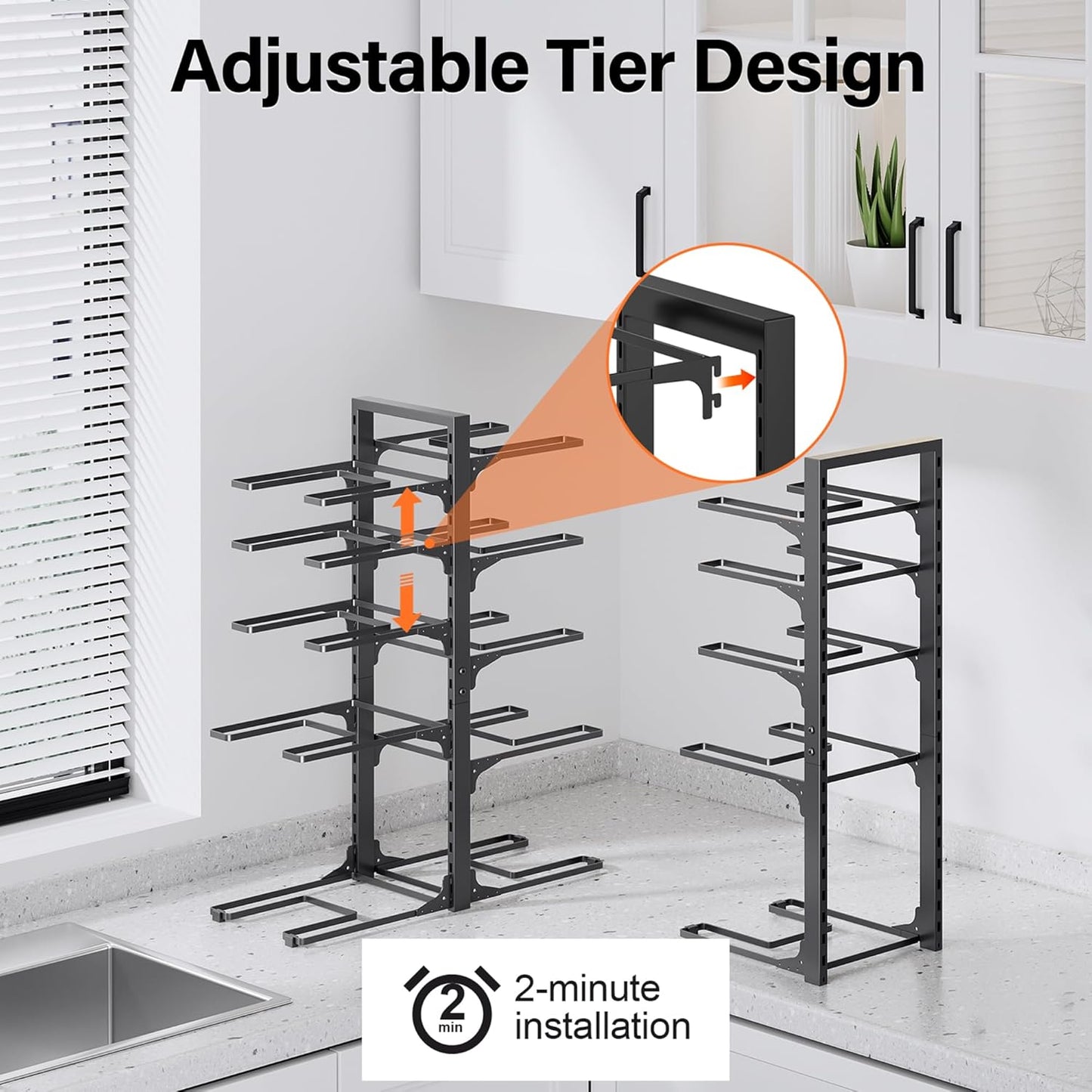 MUDEELA 10-Tier Pots and Pans Organizer under Cabinet, 23.62" Height Heavy Duty Pot and Pan Organizer Kitchen Cabinet Organization and Storage, Adjustable Pot Rack for Frying Pan, Cast Iron Skillet