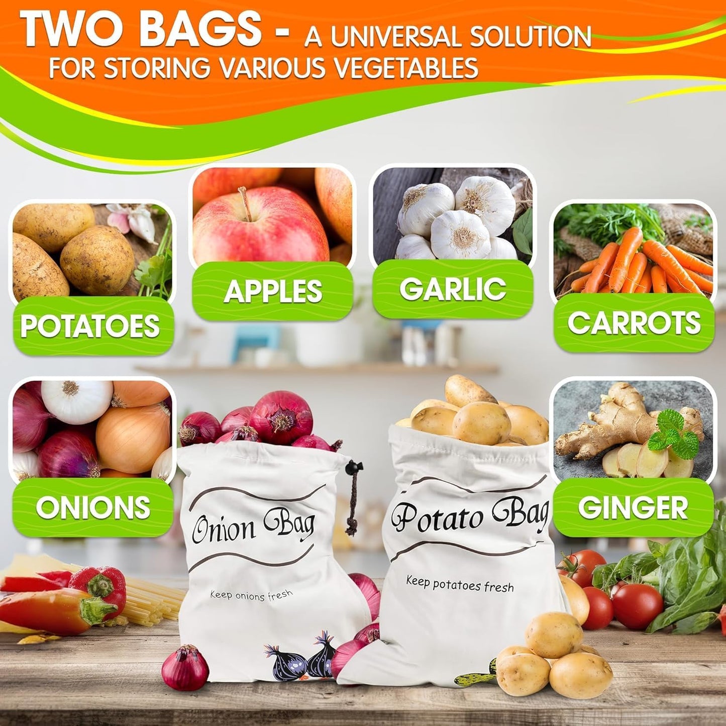 2Pcs Potato and Onion Storage Bags – Reusable Cotton Produce Bags with Black Lining and Side Zipper, Washable, Breathable & Light-Blocking Design for Storing Potatoes, Onions, Garlic & Root Vegetables