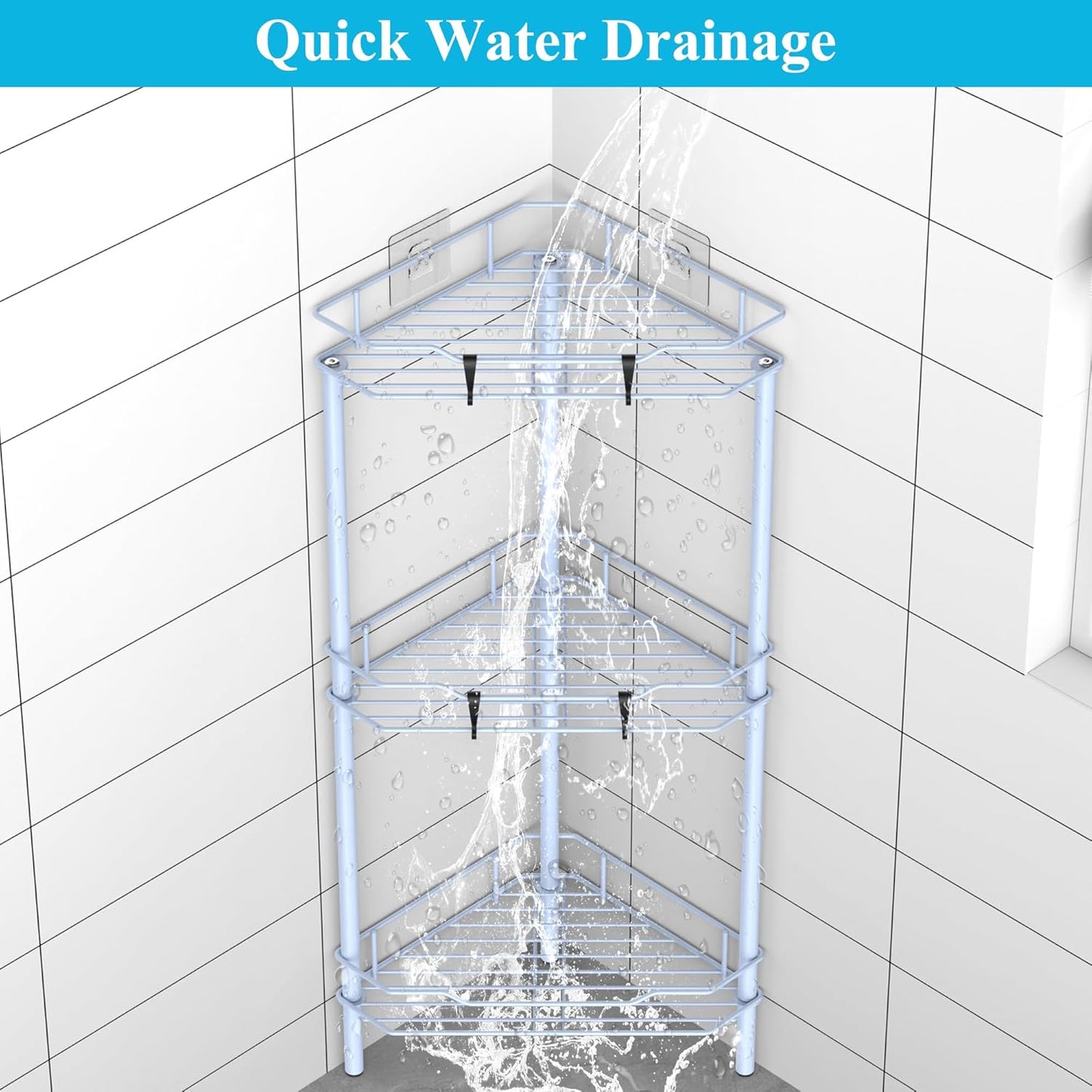 3 Tier Floor Standing Corner Shower Caddy Organizer Shelf with Hooks, Bathroom Shelves Stand Rack, Blue