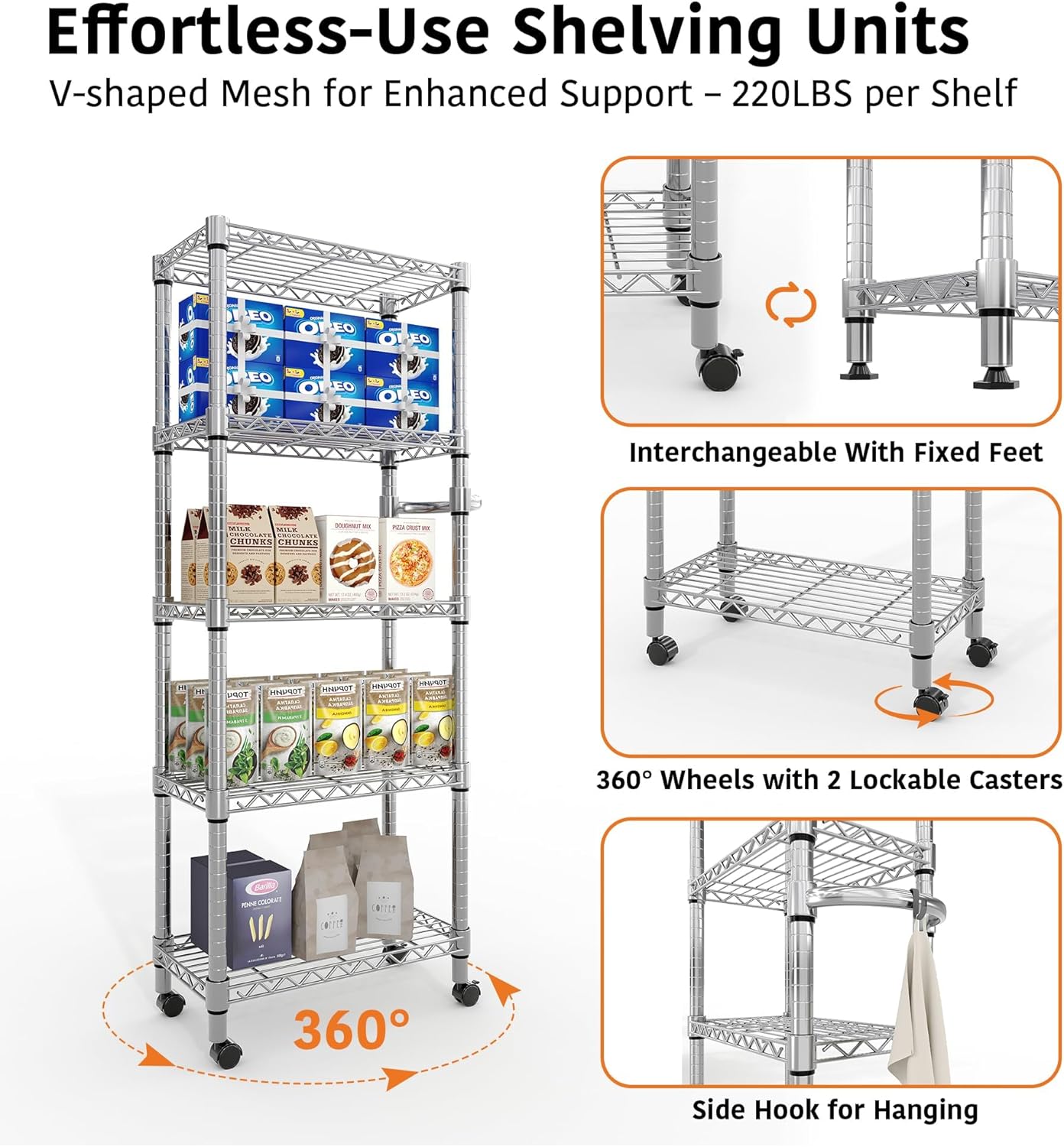 5-Tier Metal Storage Shelving Unit with Wheels, Adjustable Wire Shelf Rack with Side Handle, Stable Metal Shelves Organizer for Pantry, Kitchen and Closet,11.8" W x 23.6" D x 61" H